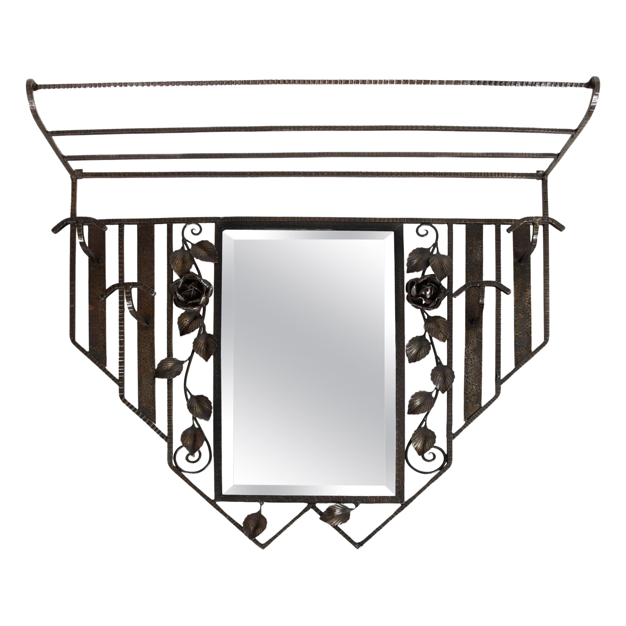 Appendiabiti a specchio in ferro Art Deco francese del 1930 circa