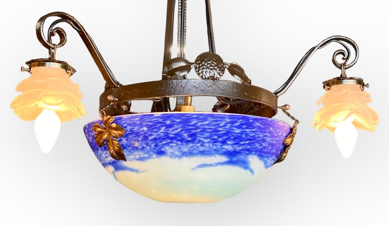 French Art Deco Iron Pendent Art Glass Center Dome Flower Shades For Sale 6
