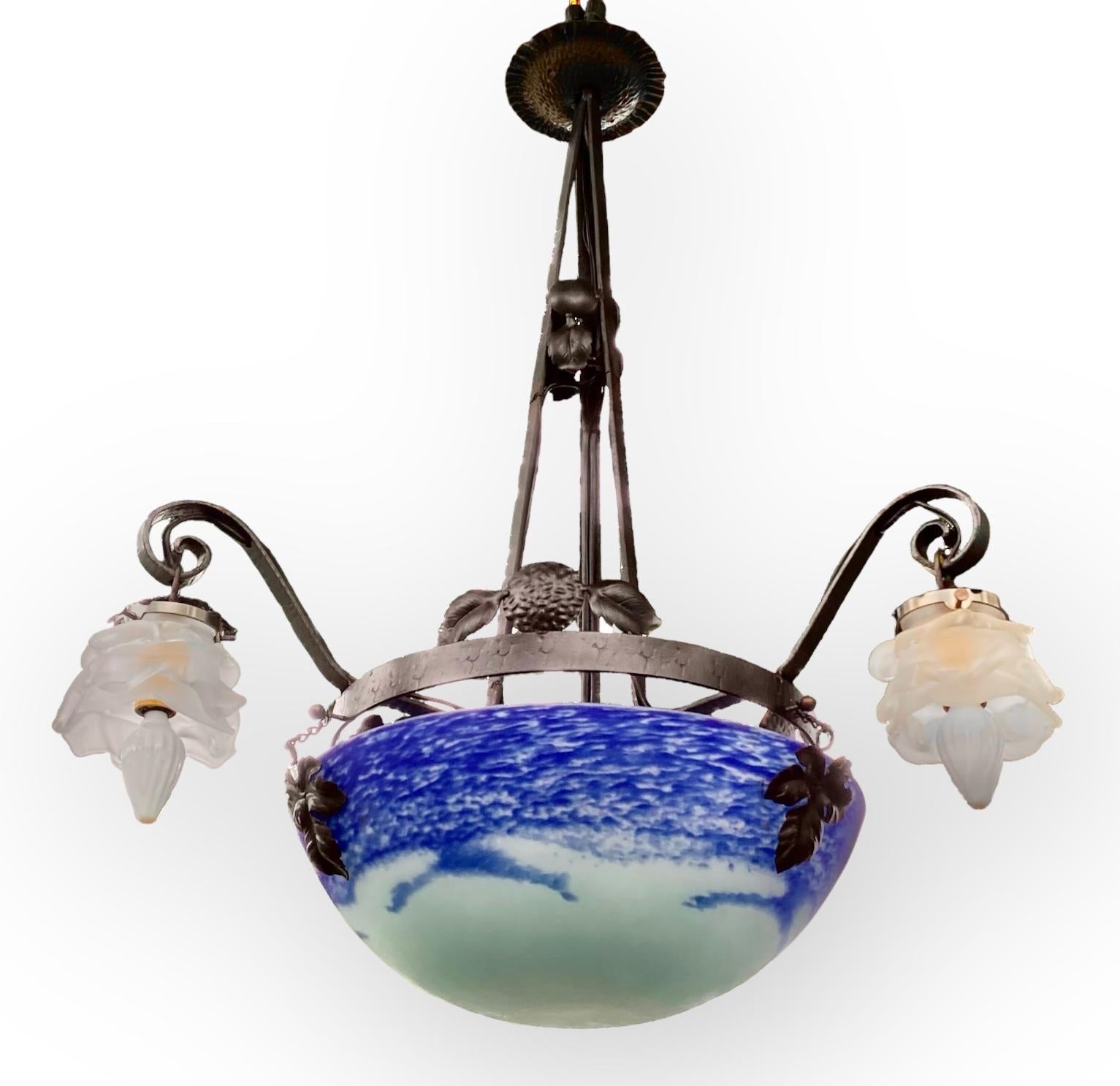 French Art Deco Iron Pendent Art Glass Center Dome Flower Shades For Sale 7