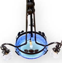 French Art Deco Iron Pendent Art Glass Center Dome Flower Shades