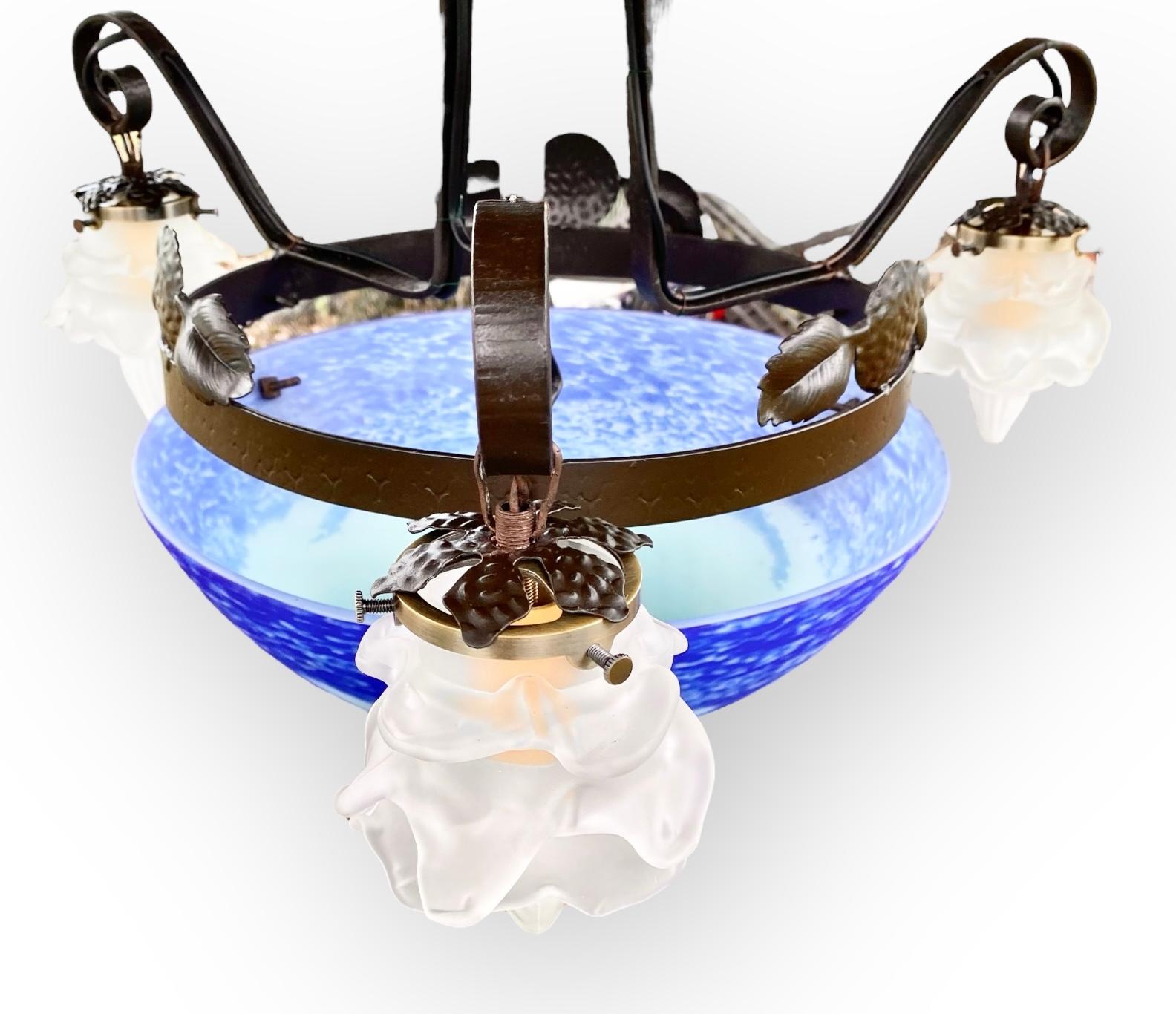 Frosted French Art Deco Iron Pendent Art Glass Center Dome Flower Shades For Sale