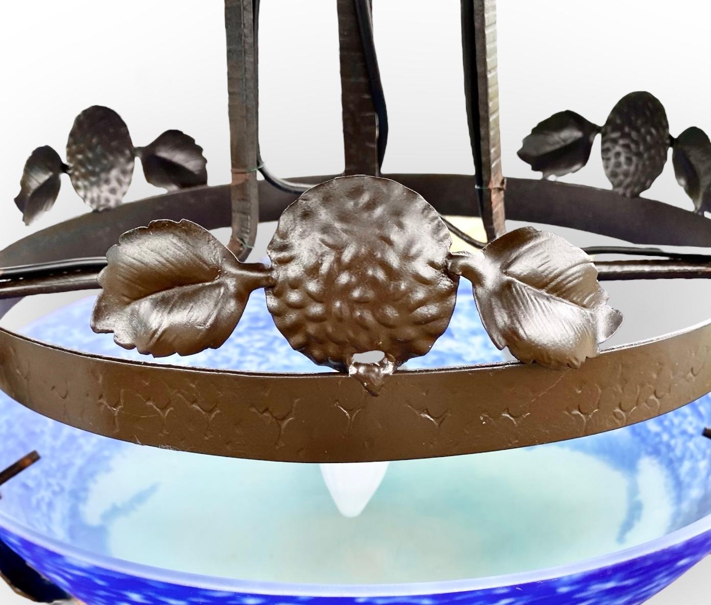 French Art Deco Iron Pendent Art Glass Center Dome Flower Shades In Good Condition For Sale In New Orleans, LA