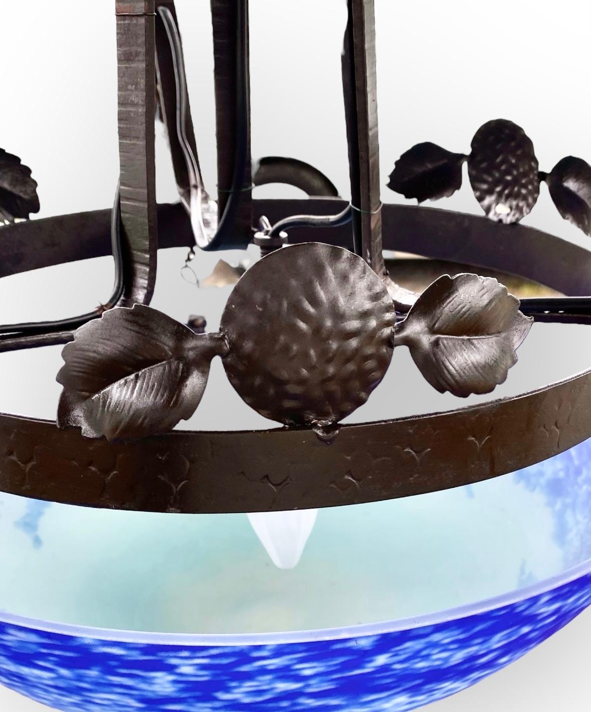 Mid-20th Century French Art Deco Iron Pendent Art Glass Center Dome Flower Shades For Sale