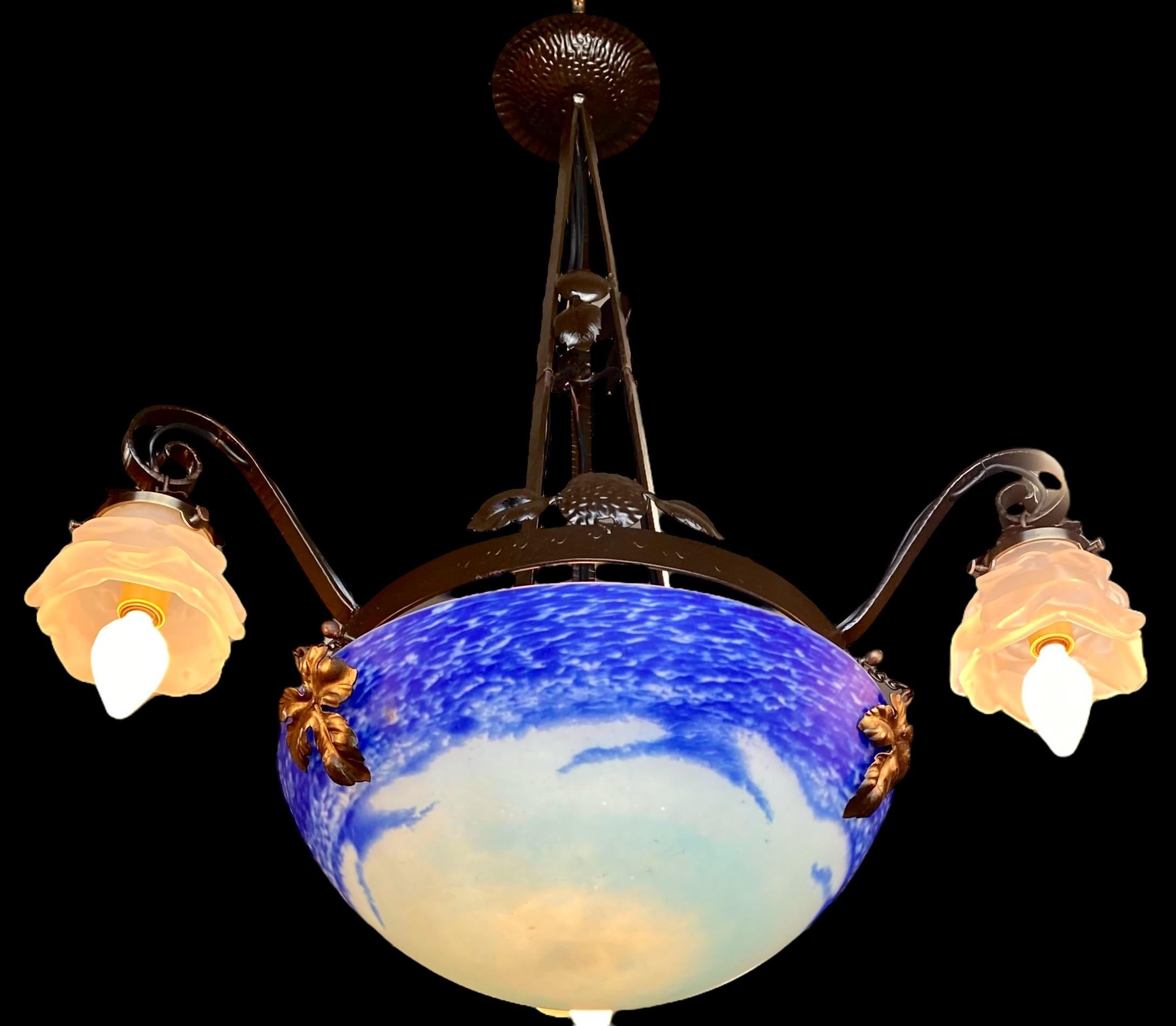 French Art Deco Iron Pendent Art Glass Center Dome Flower Shades For Sale 3