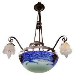 French Art Deco Iron Pendent Art Glass Center Dome Flower Shades