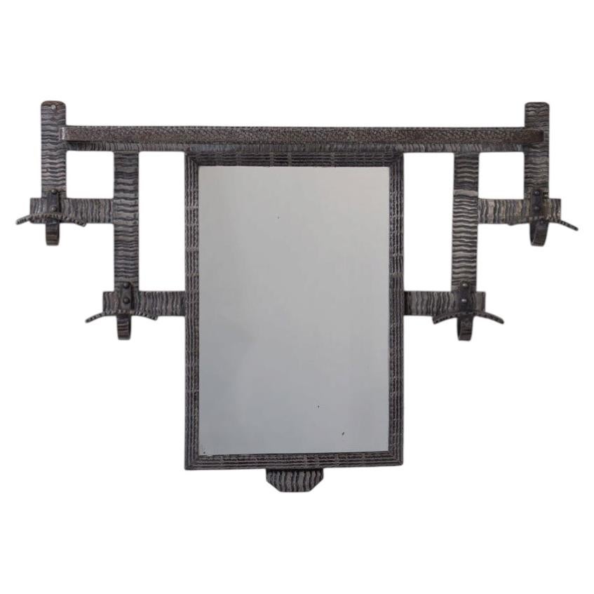 French Art Deco Iron Wall Rack with Mirror