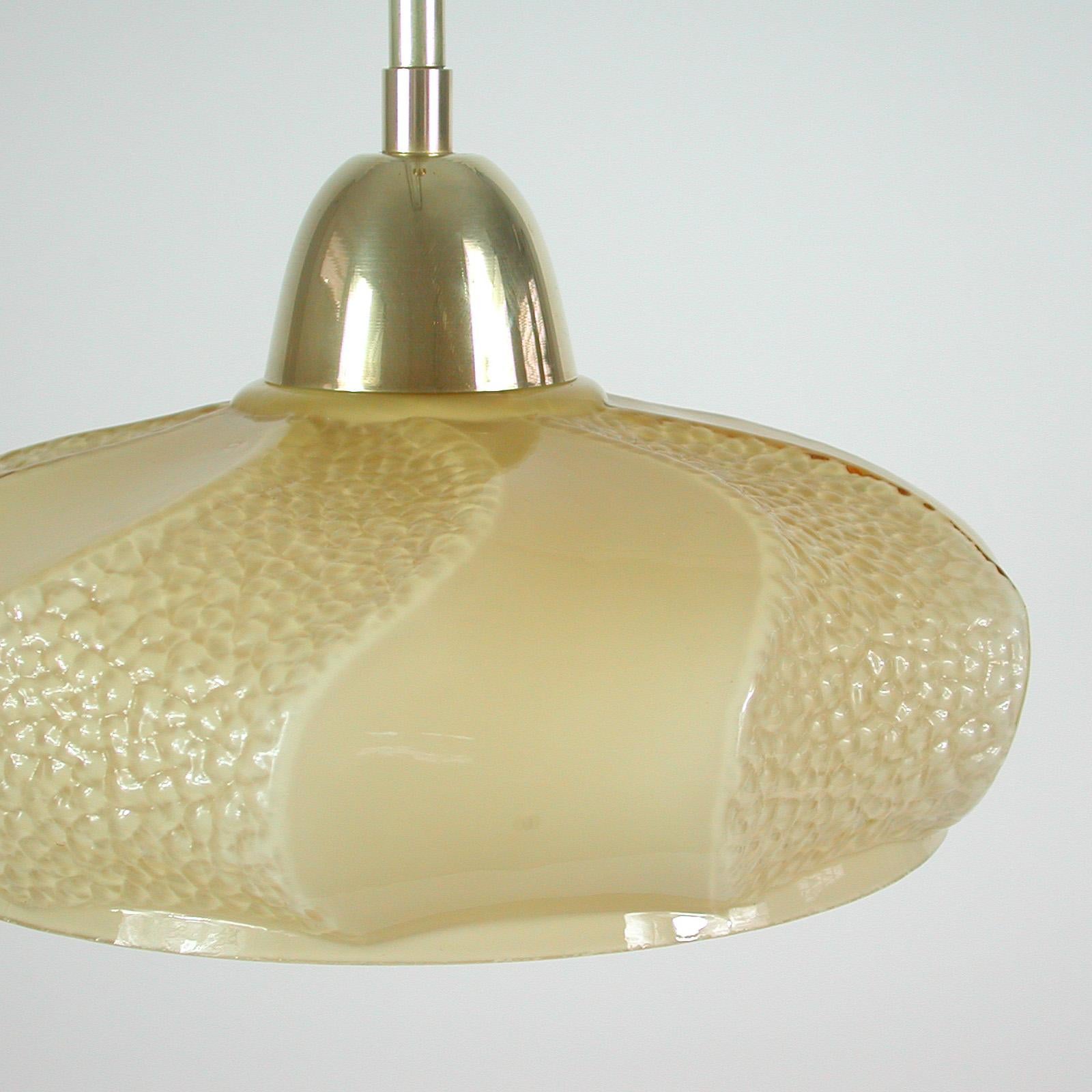 French Art Deco Ivory Colored Opaline Glass Brass Pendants, 1940s, Set of 2 For Sale 9