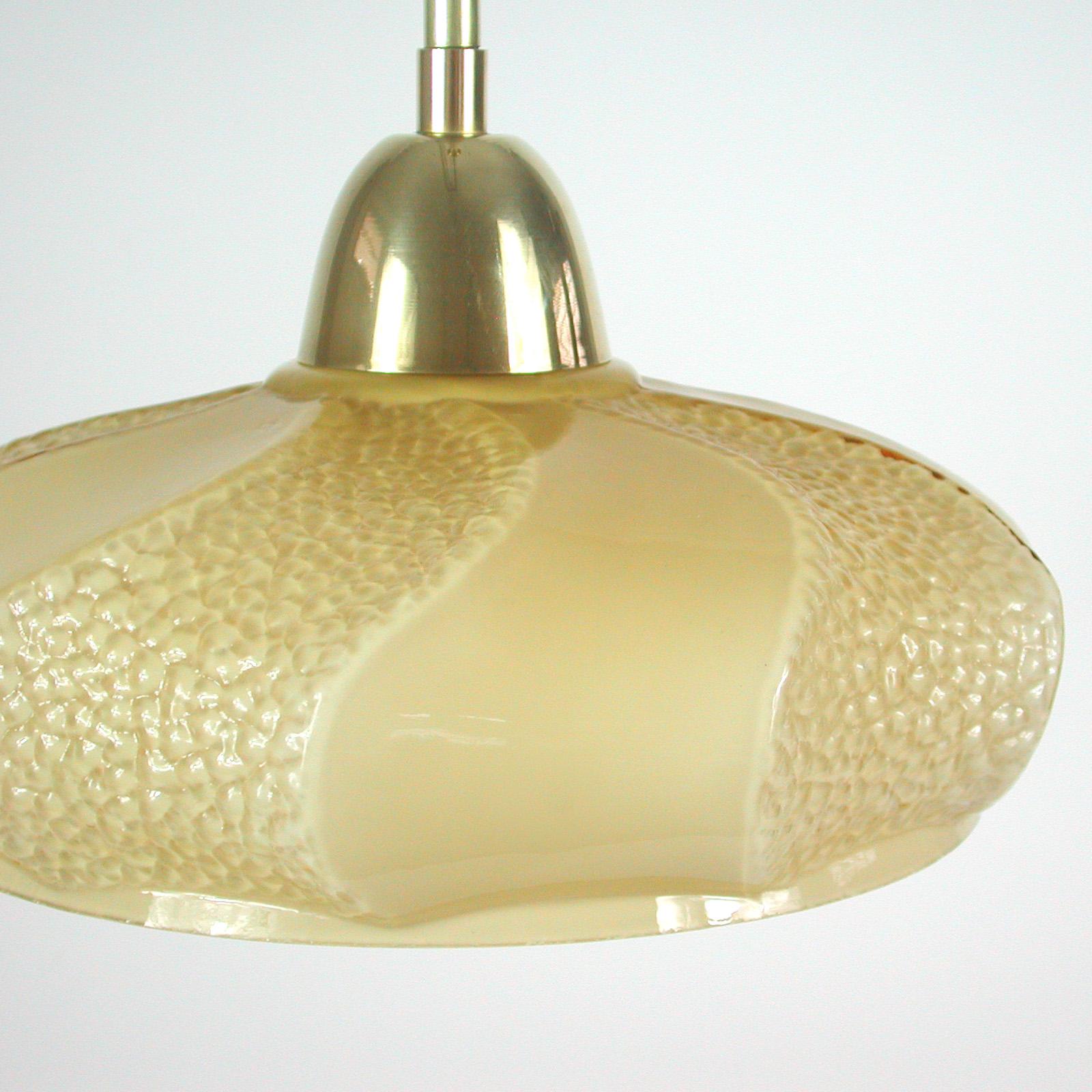 French Art Deco Ivory Colored Opaline Glass Brass Pendants, 1940s, Set of 2 For Sale 11
