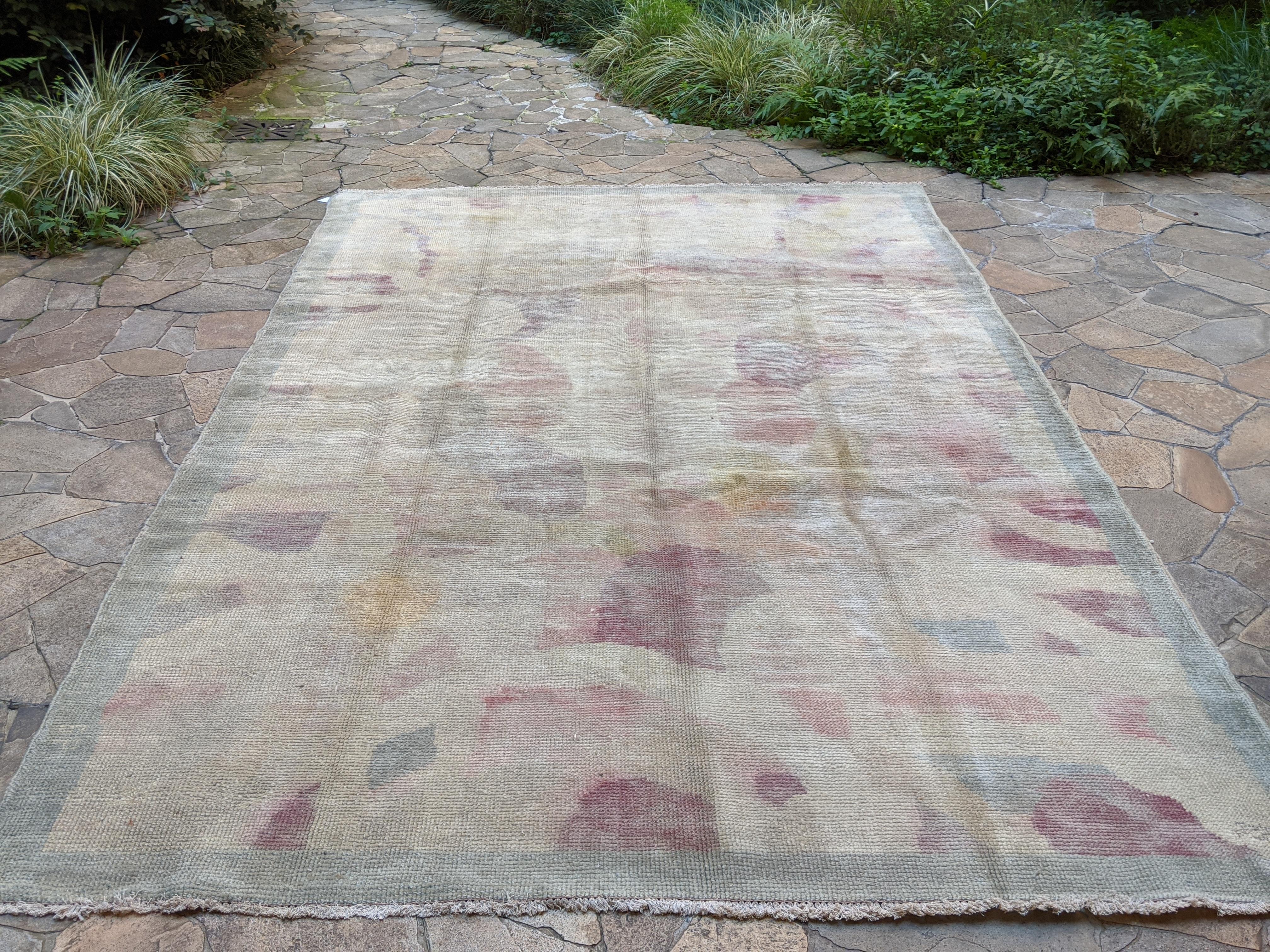 Hand-Knotted French Art Deco Ivory Wool Rug with Pastel Colors Signed Solange Patry-Biè 