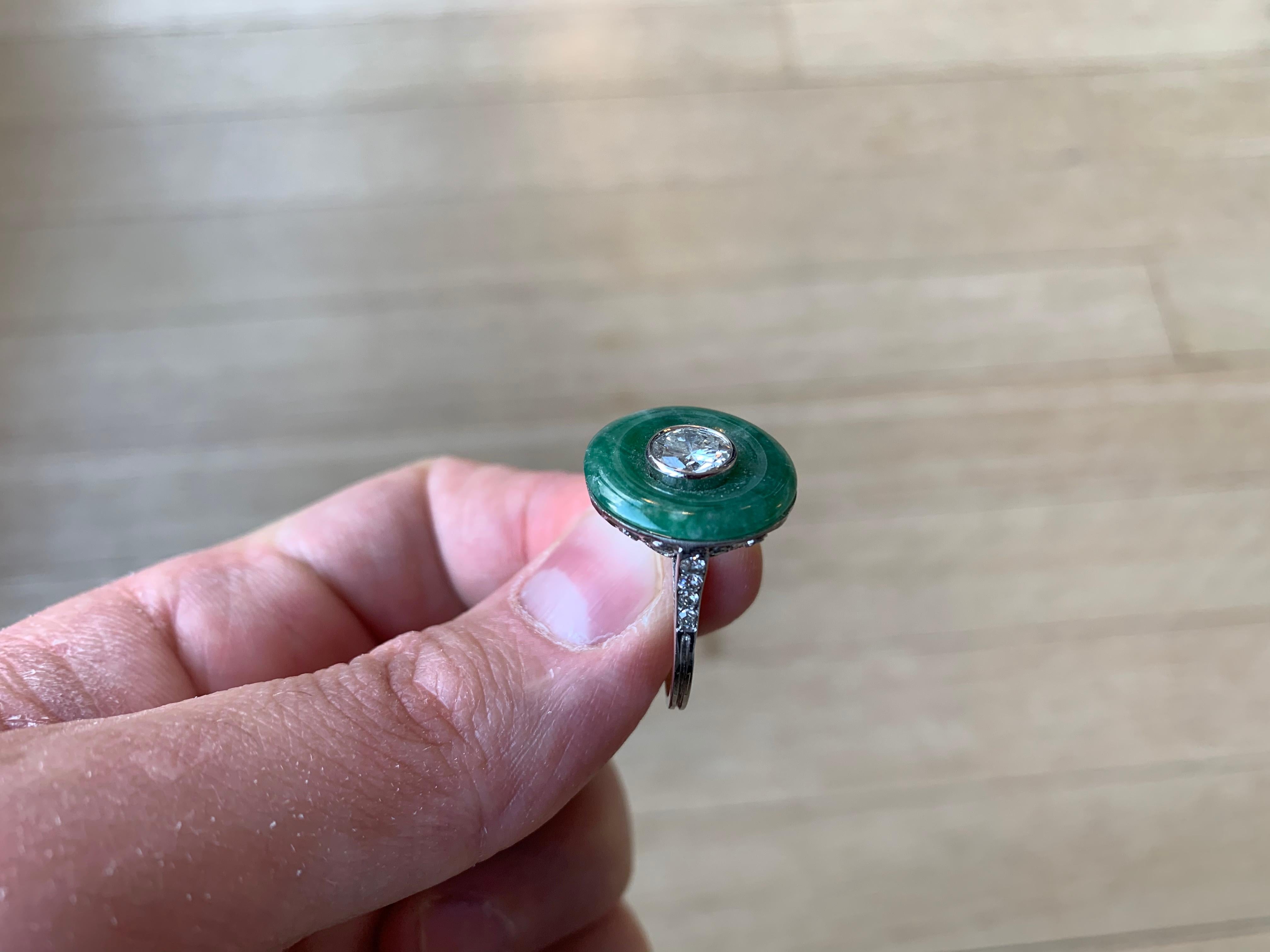 Round Cut French Art Deco Jade Diamond Ring For Sale