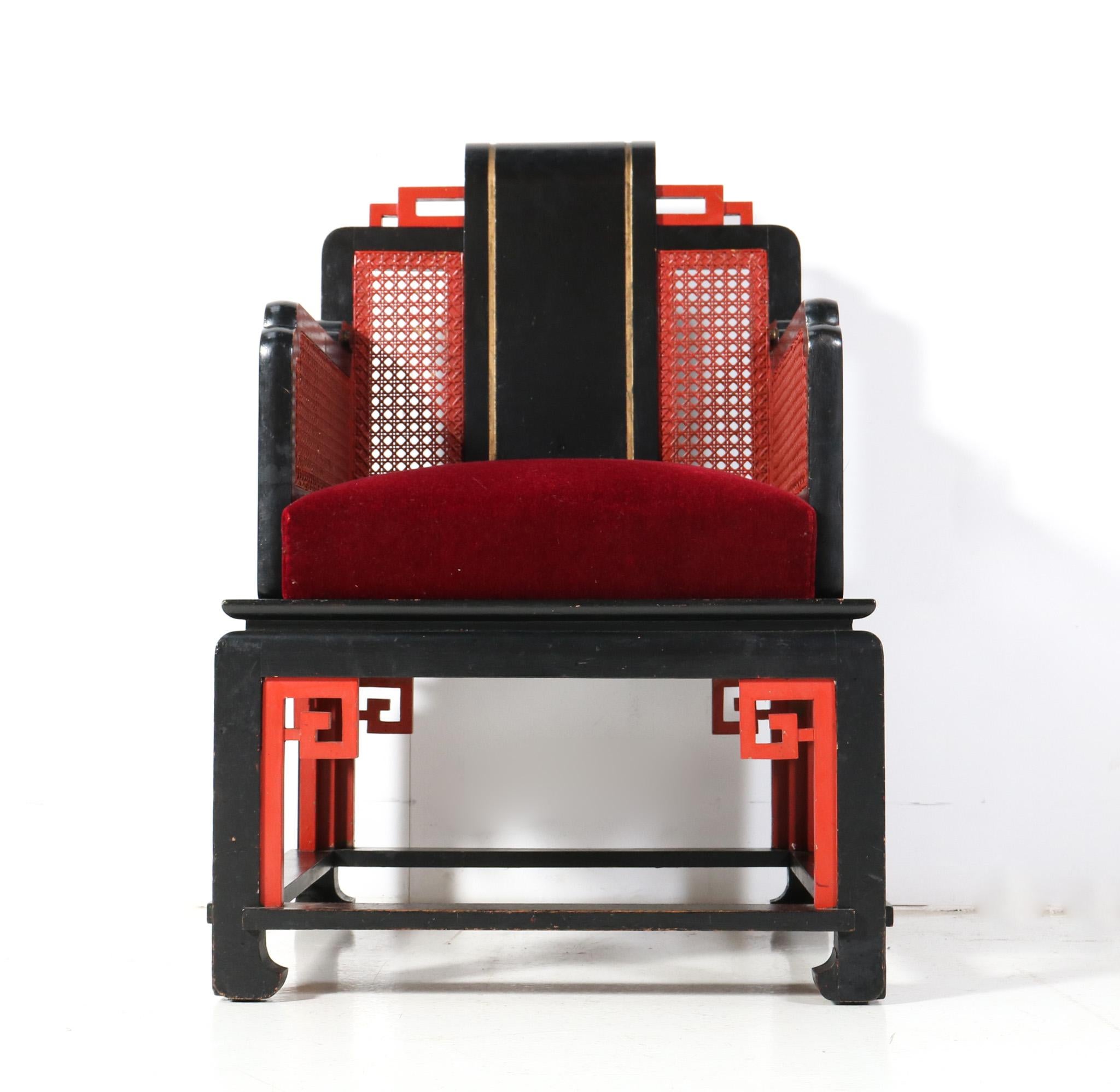 Lacquered French Art Deco Japonisme Armchair, 1930s For Sale
