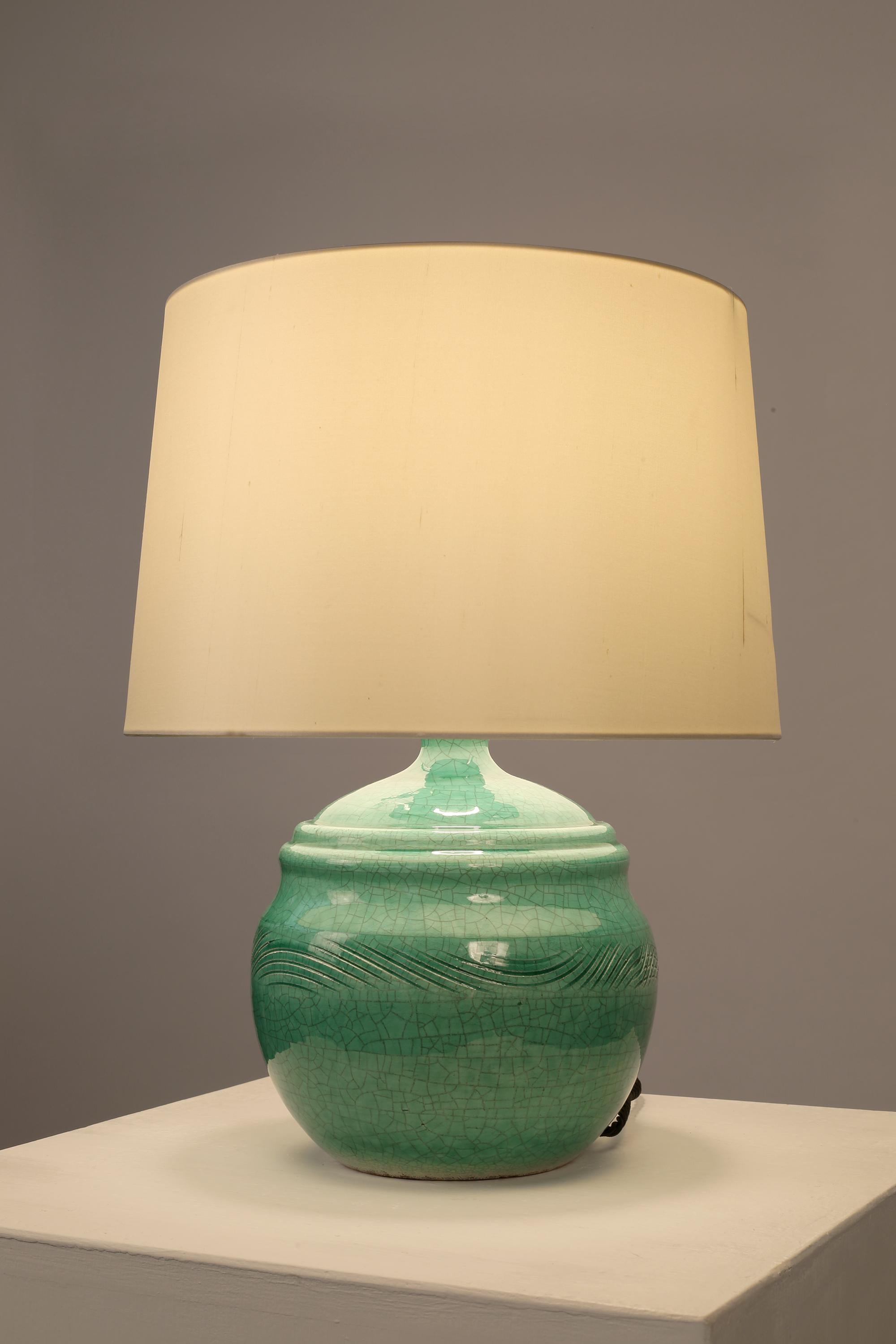 20th Century French Art Deco Jean Besnard Crackle Glazed Ceramic Table Lamp For Sale