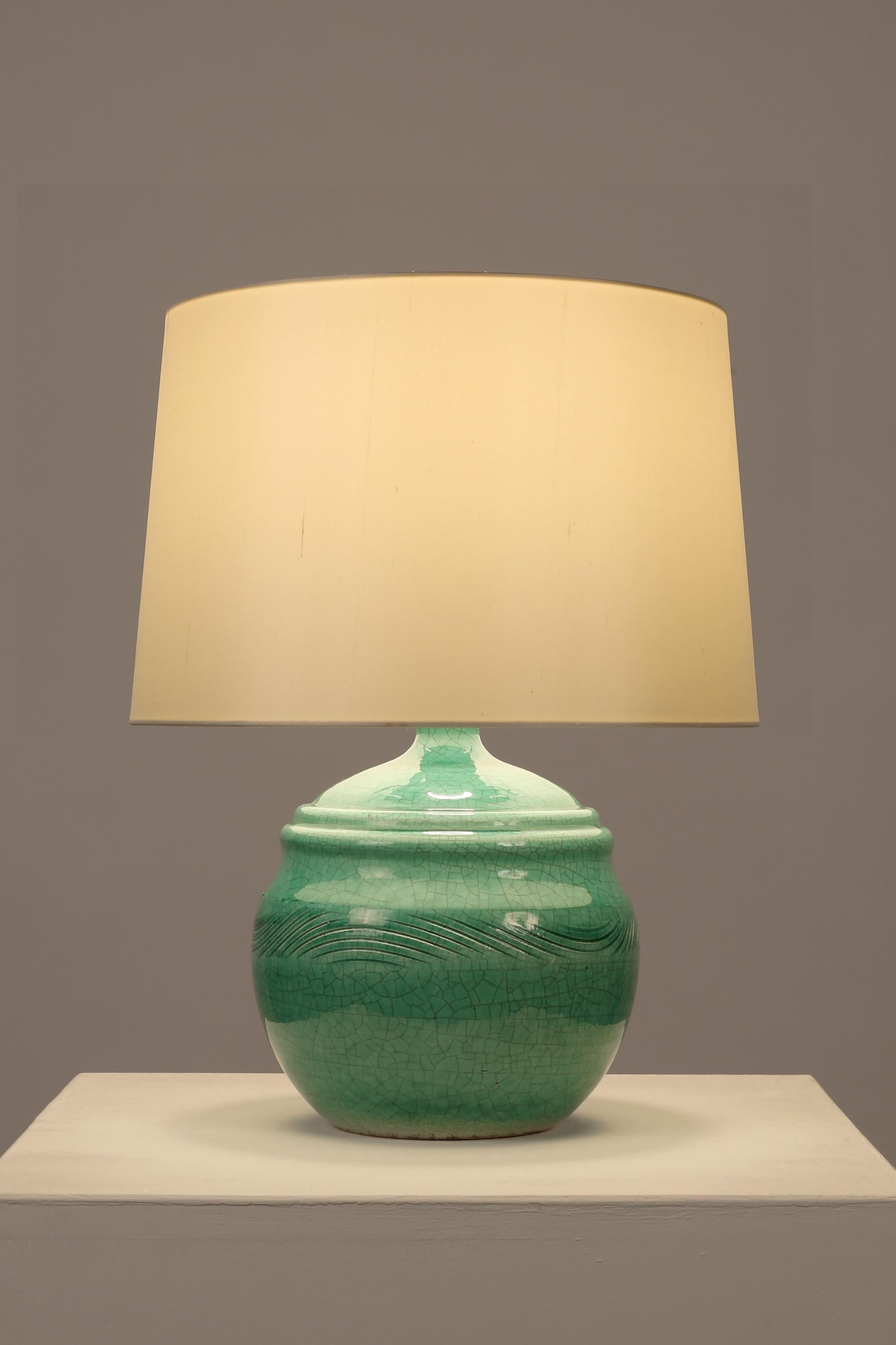 French Art Deco Jean Besnard Crackle Glazed Ceramic Table Lamp For Sale 1