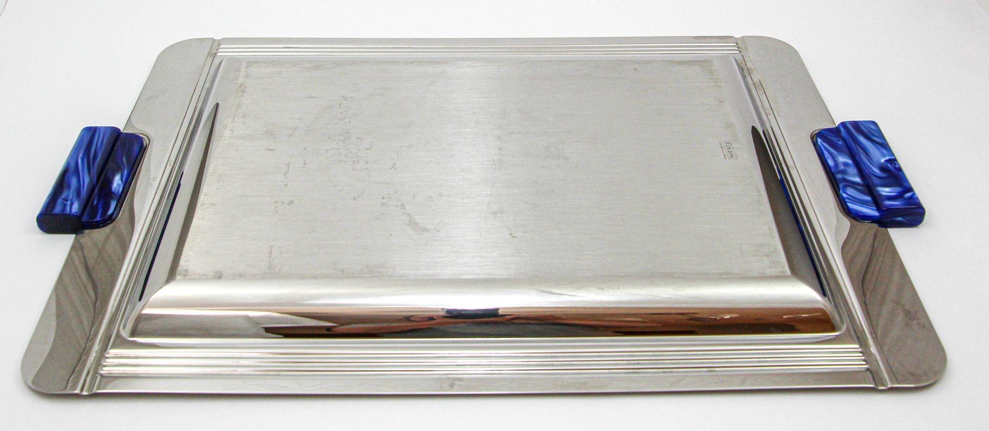 French Art Deco Jean Couzon Stainless Serving Tray with Marbled Blue Handles For Sale 4