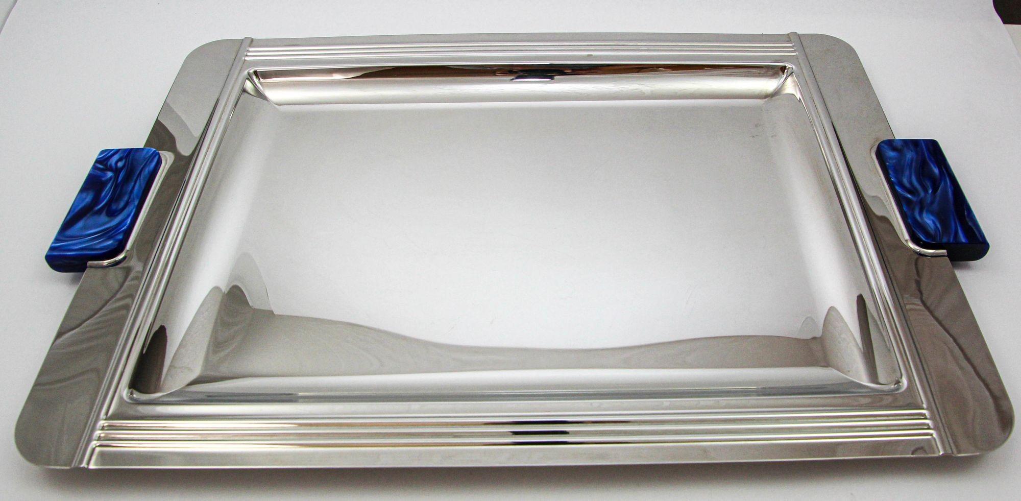 French Art Deco Jean Couzon Stainless Serving Tray with Marbled Blue Handles For Sale 6