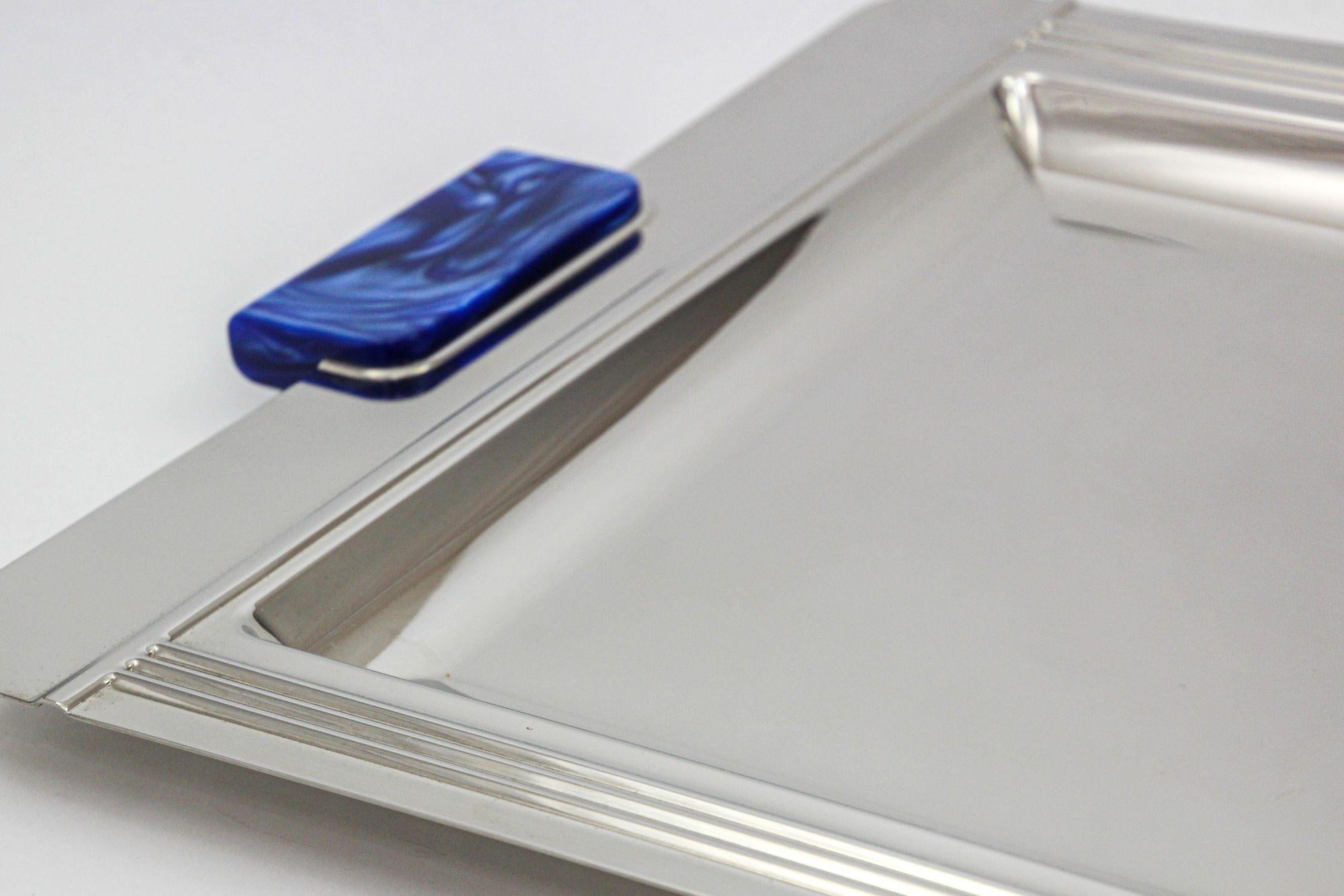 20th Century French Art Deco Jean Couzon Stainless Serving Tray with Marbled Blue Handles For Sale