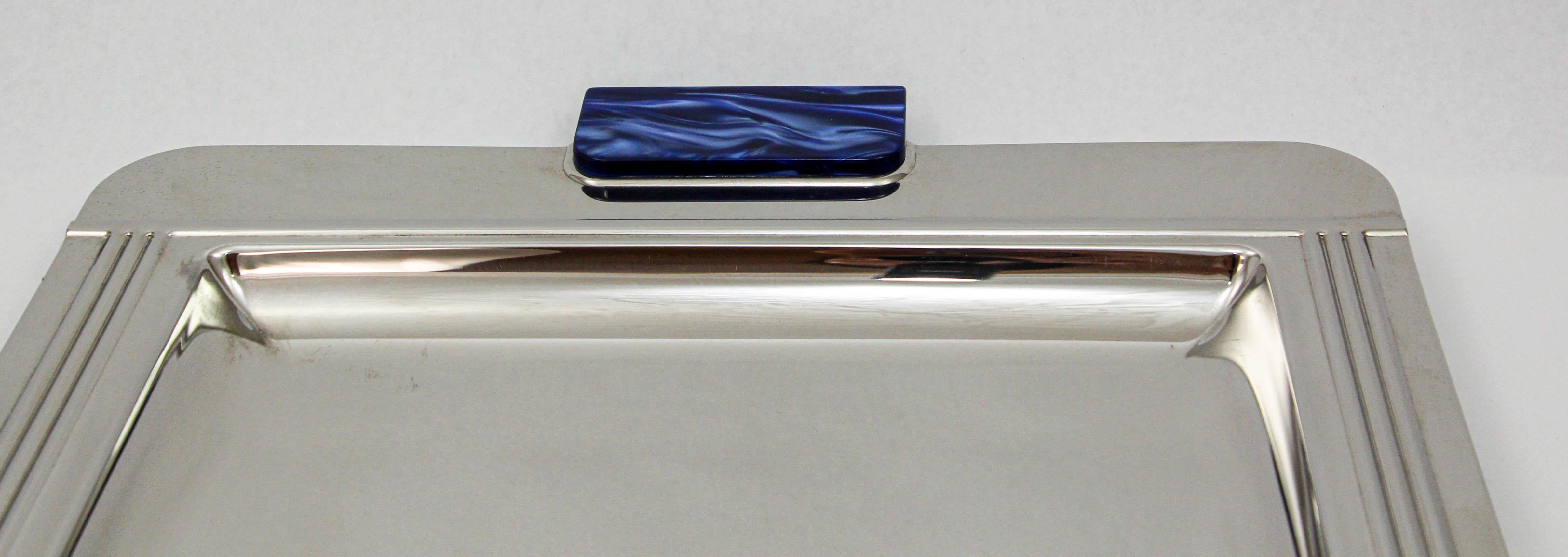 Stainless Steel French Art Deco Jean Couzon Stainless Serving Tray with Marbled Blue Handles For Sale