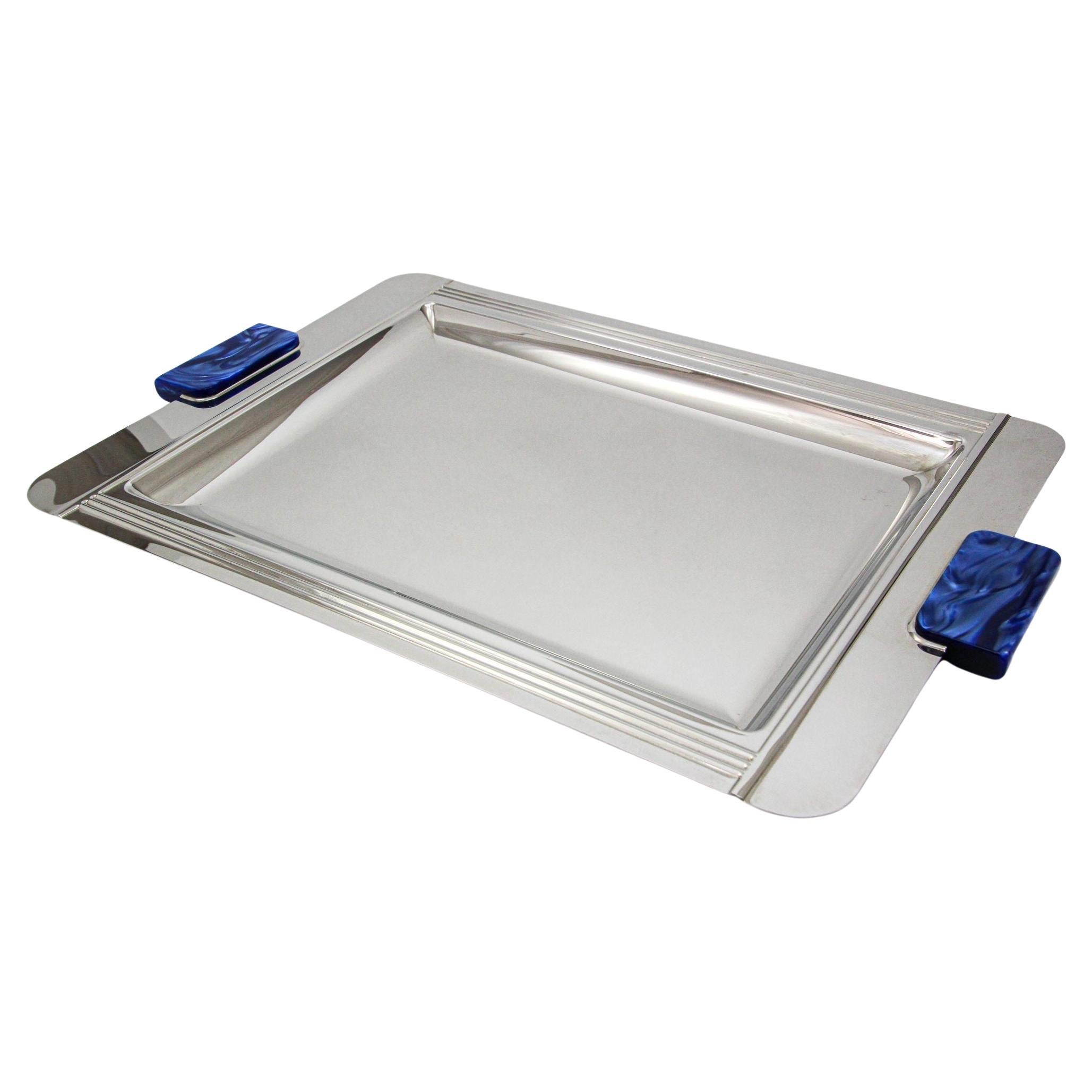 French Art Deco Jean Couzon Stainless Serving Tray with Marbled Blue Handles For Sale