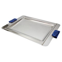 French Art Deco Jean Couzon Stainless Serving Tray with Marbled Blue Handles