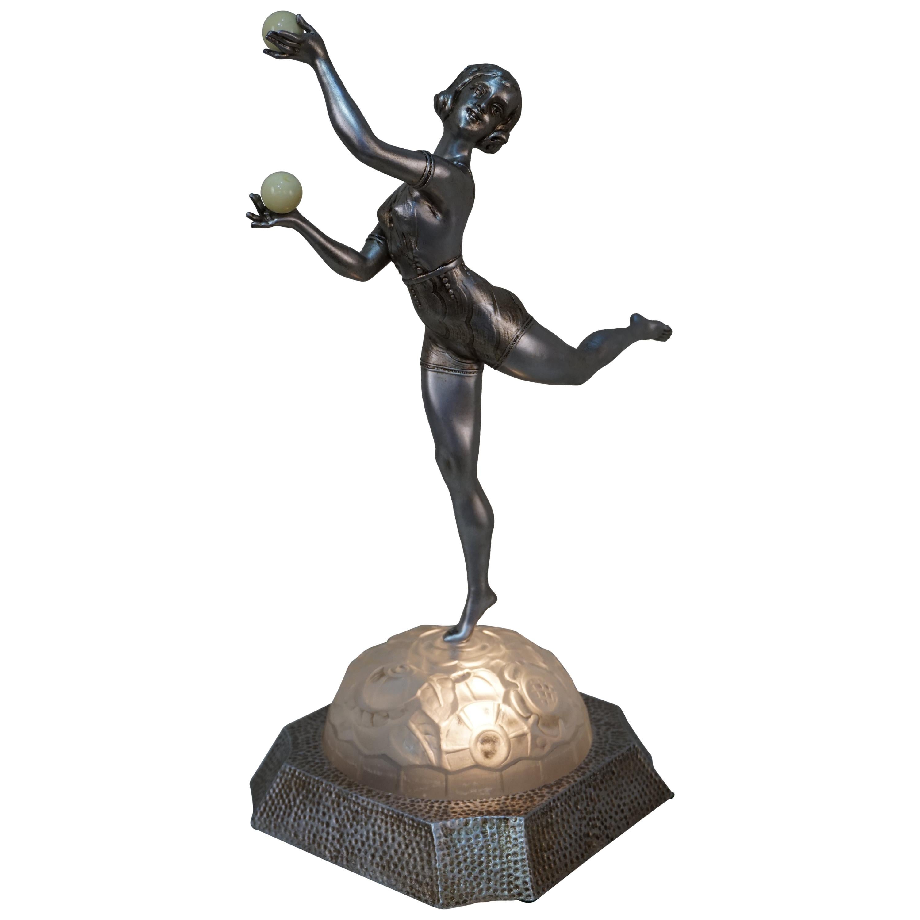 French Art Deco Juggler Dancing Girl Table Lamp by Limousin