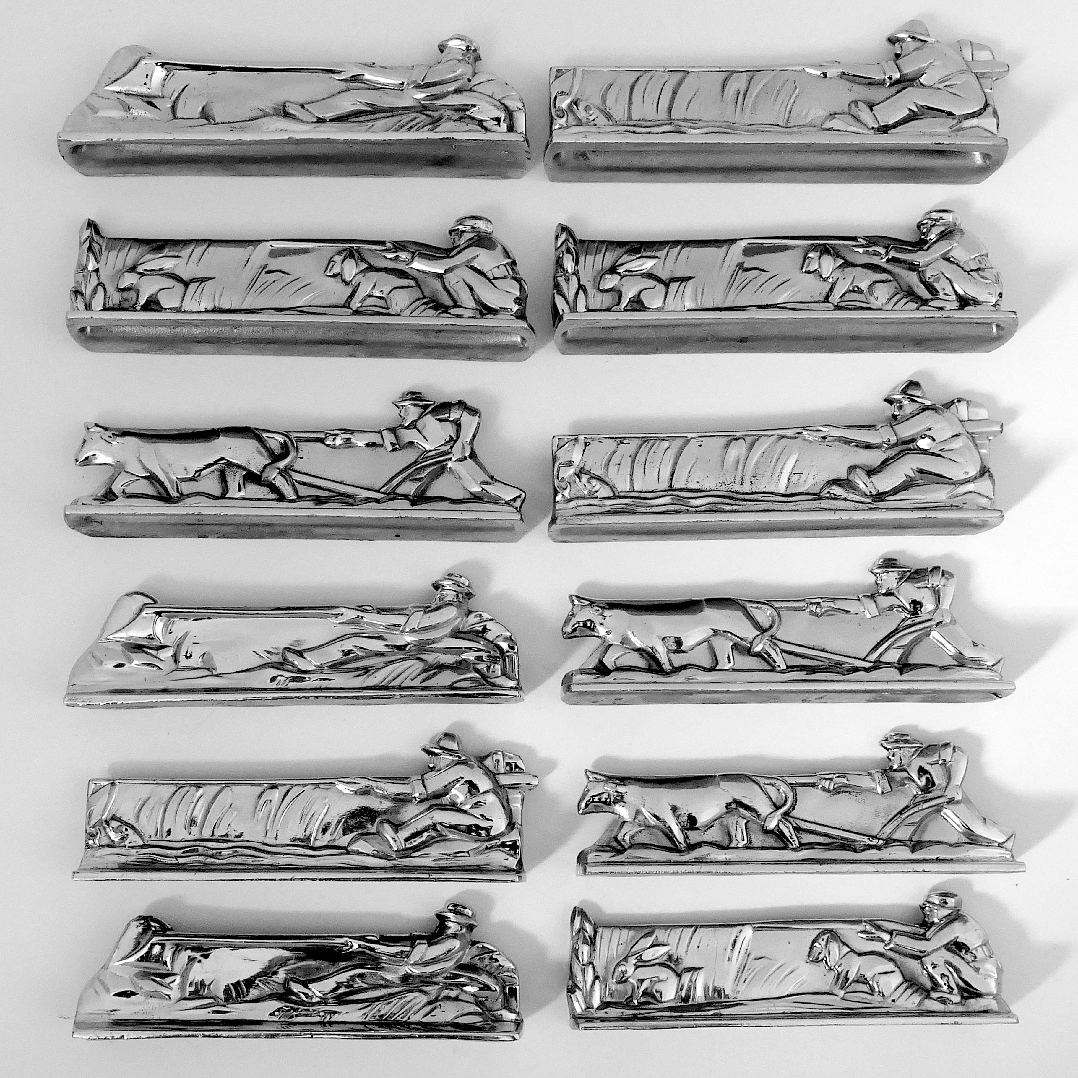 Rare set of twelve chrome-plated metal knife-rests representing scenes of hunting (3), fishing (6) and peasant plowing his field (3), circa 1920-1930. Unusual and fabulous, knife rests are identical by theme but each of the themes have two different