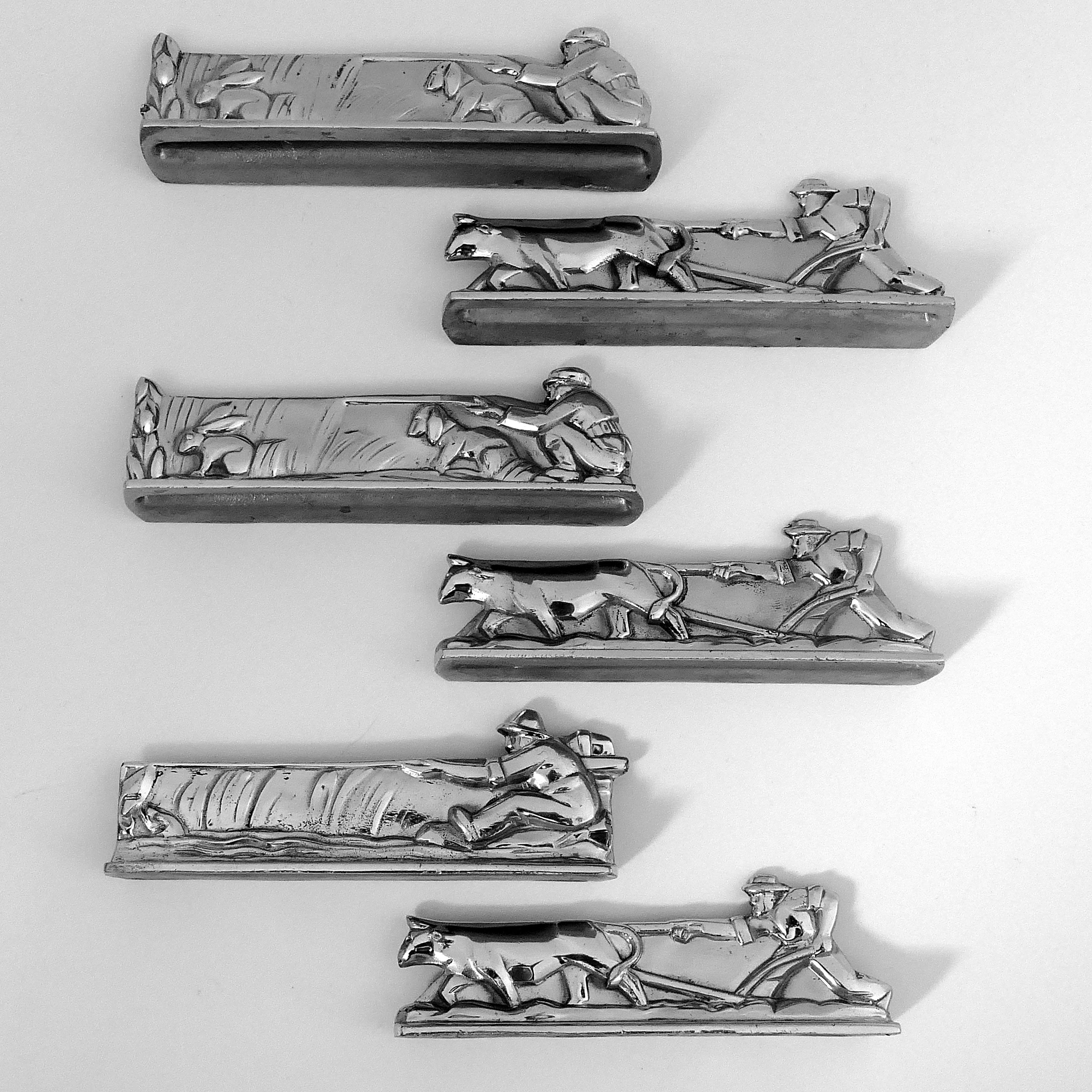 French Art Deco Knife Rests Set 12 Pc, Hunter, Fisherman, Farmer, Original Box In Good Condition In TRIAIZE, PAYS DE LOIRE