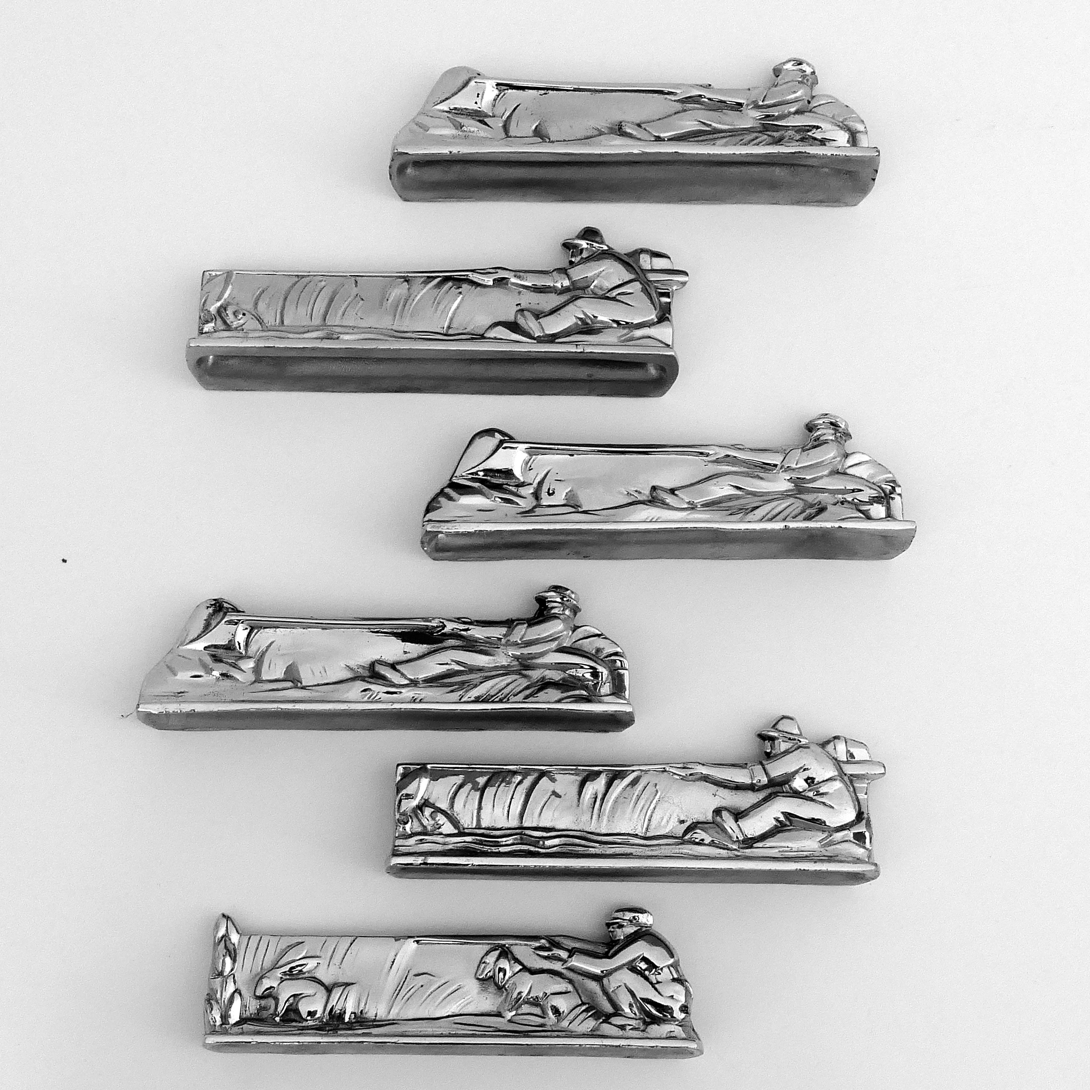 Mid-20th Century French Art Deco Knife Rests Set 12 Pc, Hunter, Fisherman, Farmer, Original Box
