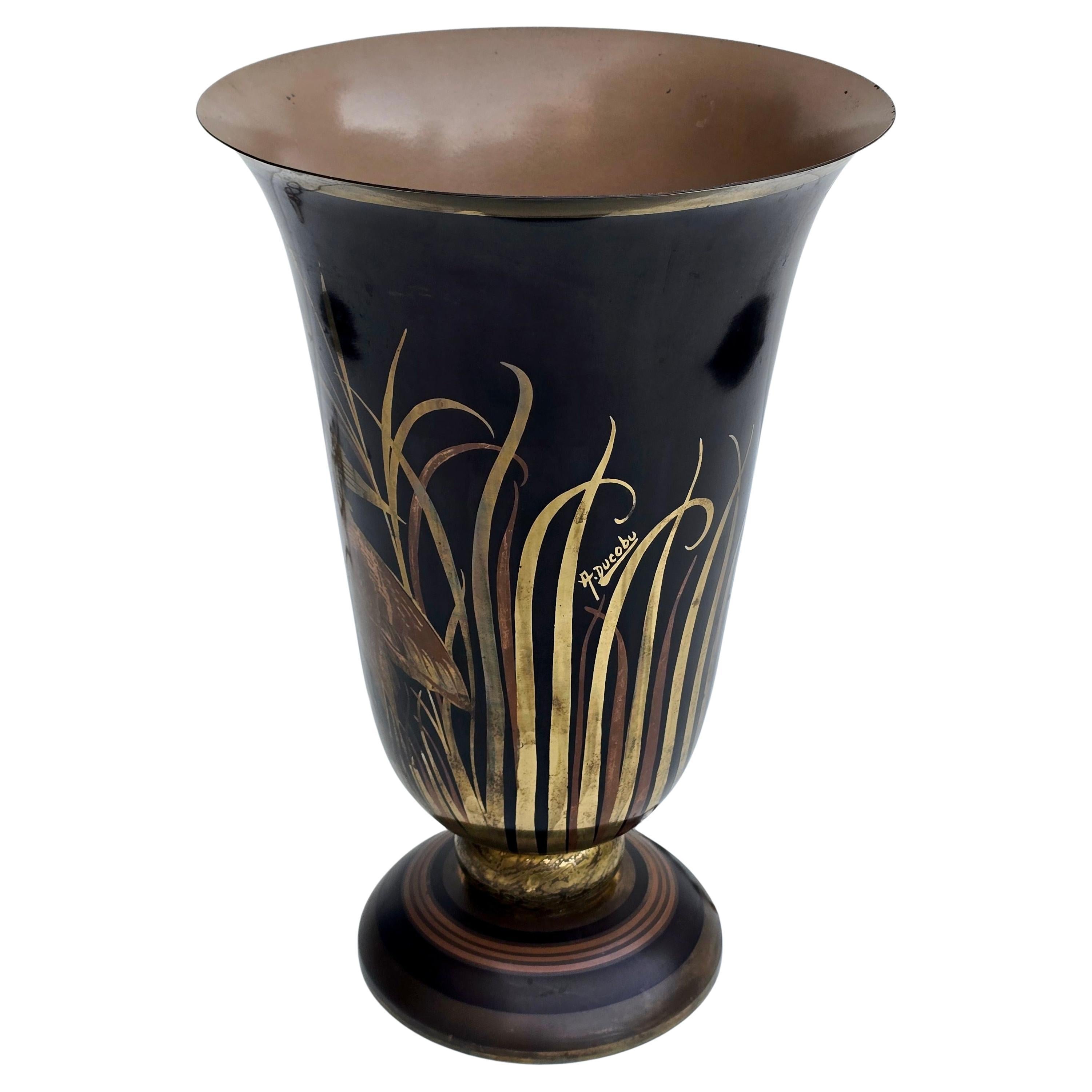 Français Pied de lampe laqué et doré Art déco français par A. Ducobu, vers 1930 en vente