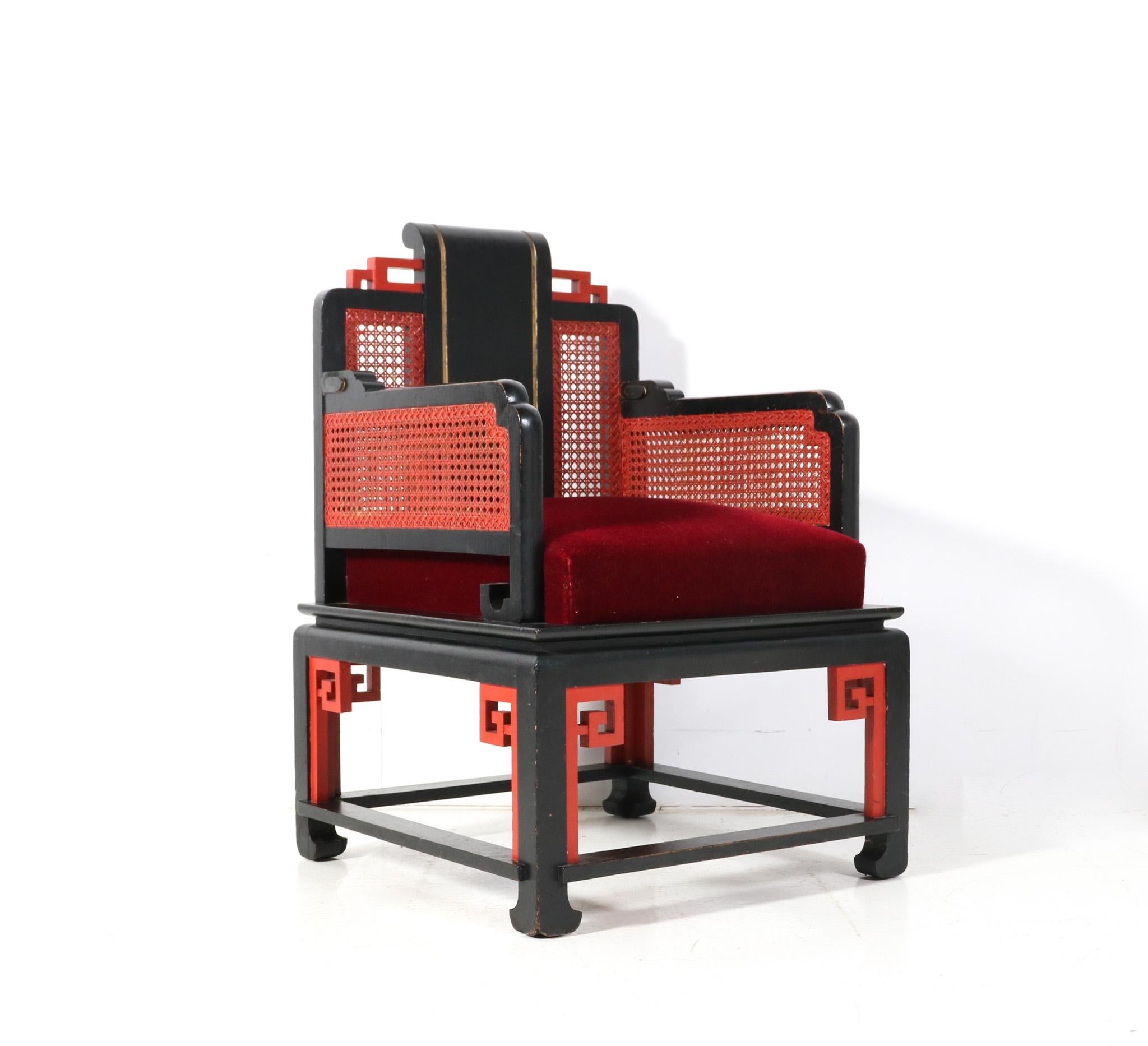 Mid-20th Century  French Art Deco Lacquered Beech Japonisme Armchair, 1930s For Sale
