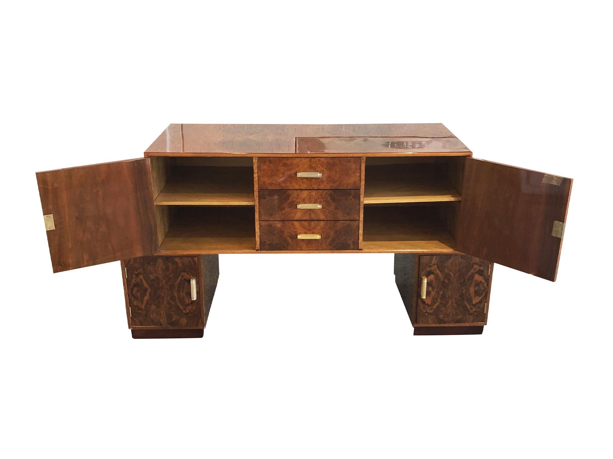 Mid-20th Century French Art Deco Lacquered Burl Sideboard Cabinet