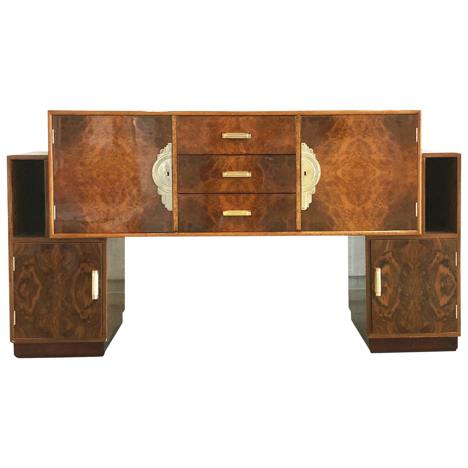 French Art Deco Lacquered Burl Sideboard Cabinet