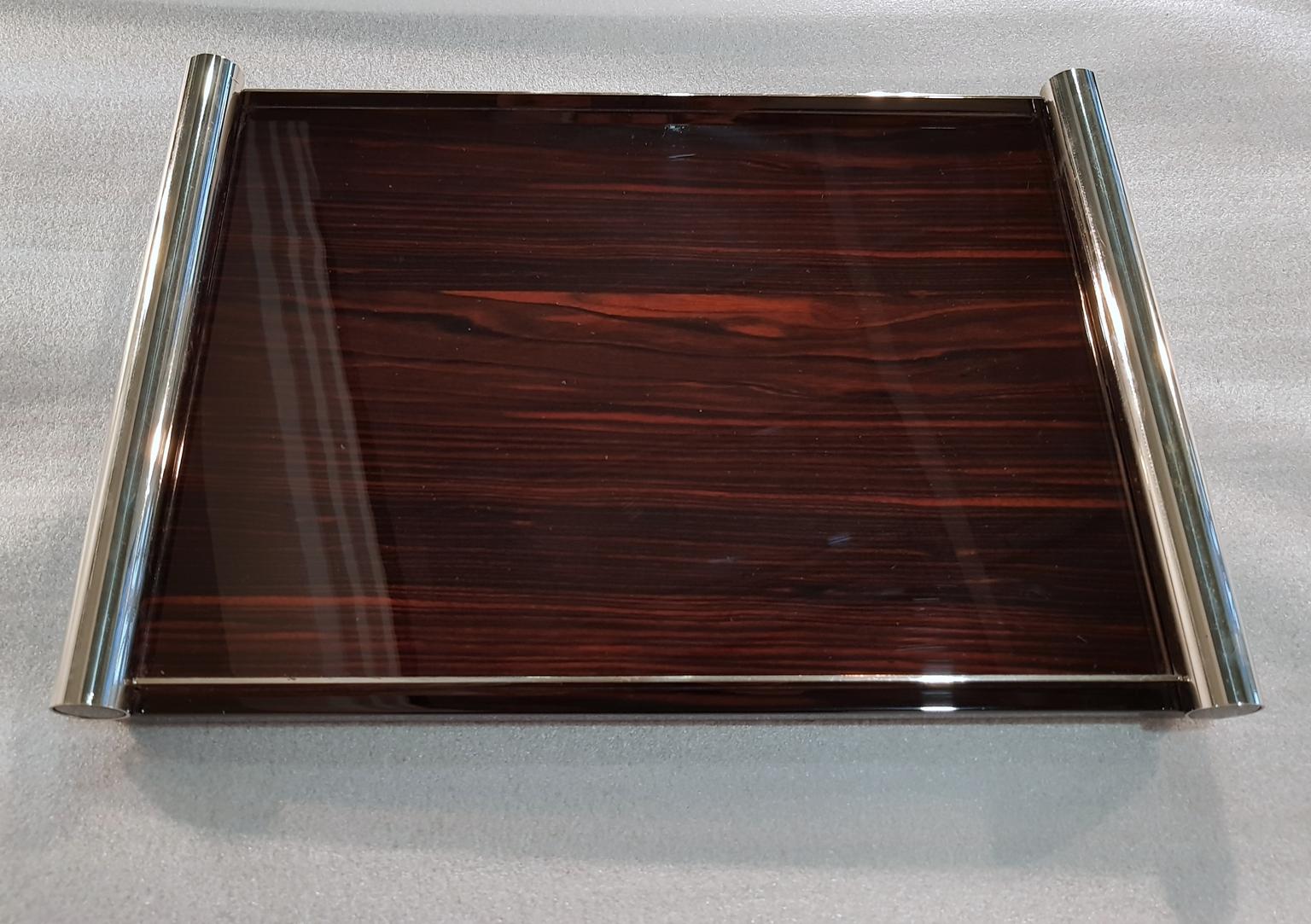 French Art Deco Lacquered Macassar Wood Tray with Nickel Handles 1