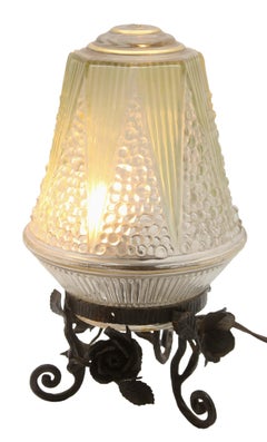 French Art Deco Lamp in Wrought Iron with Floral Pattern and Colored Glass Shade