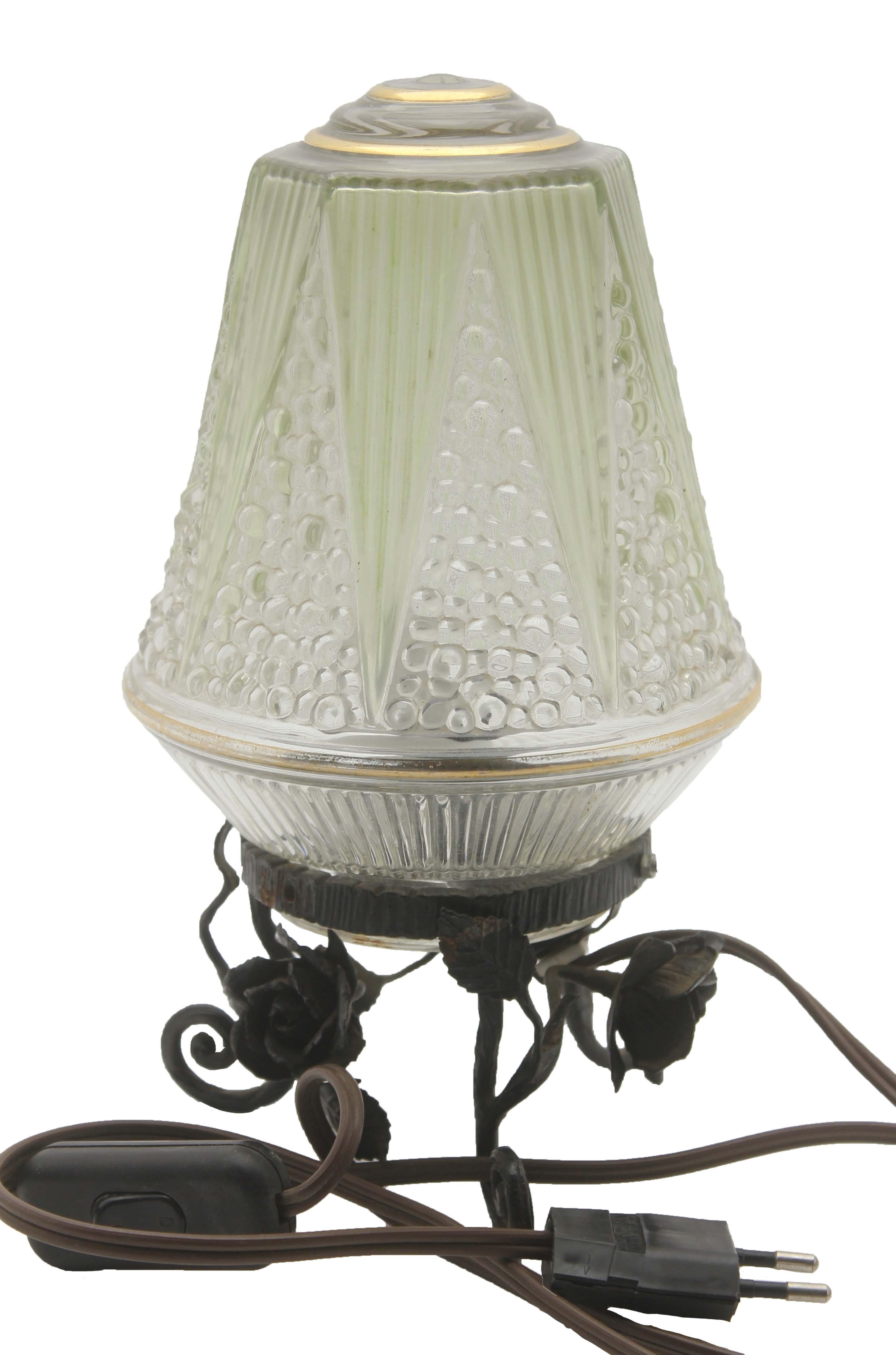 Art Nouveau French Art Deco Lamp in Wrought Iron with Floral Pattern and Colored Glass Shade