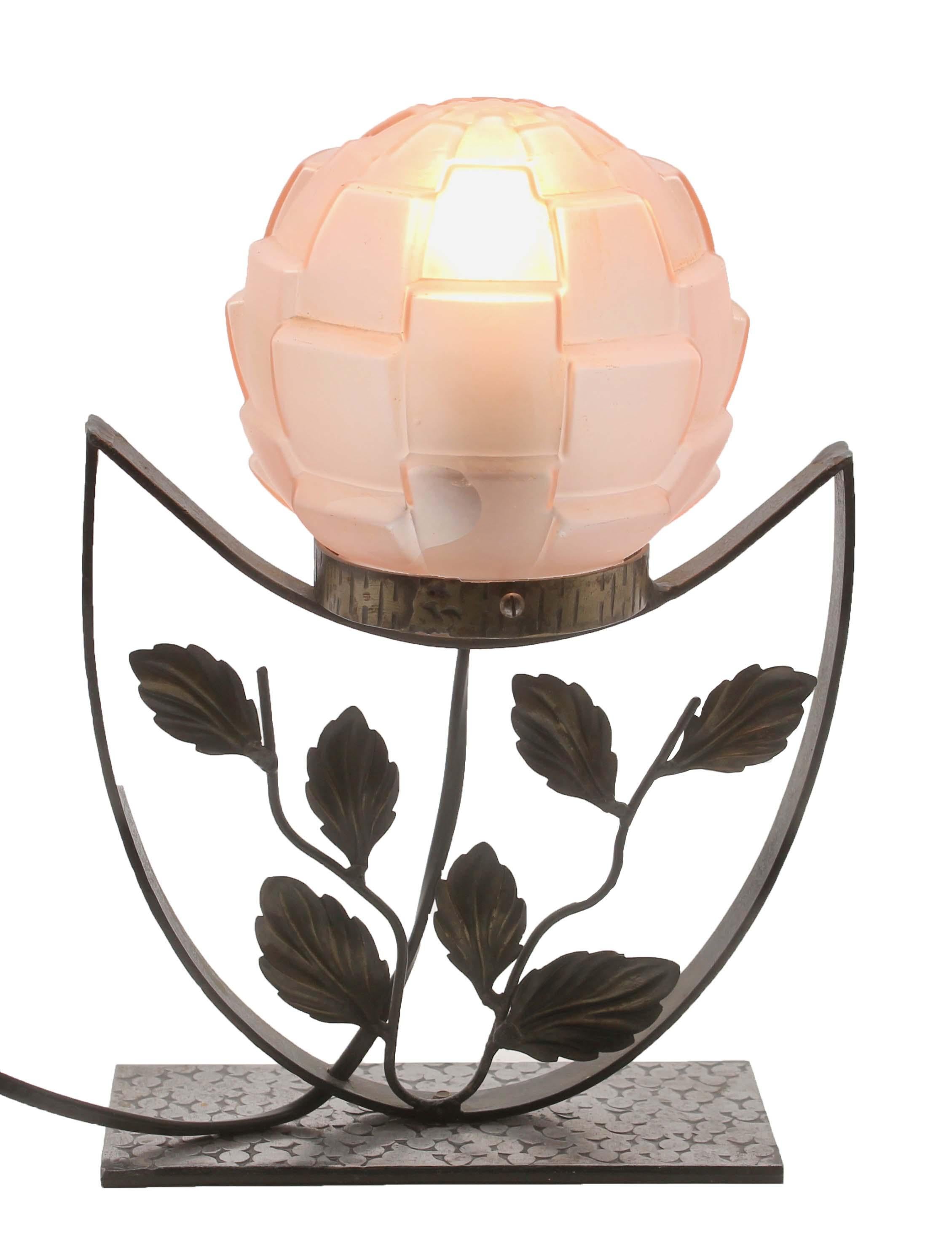 Hand-Crafted French Art Deco Lamp in Wrought Iron with Floral Pattern and Colored Glass Shade