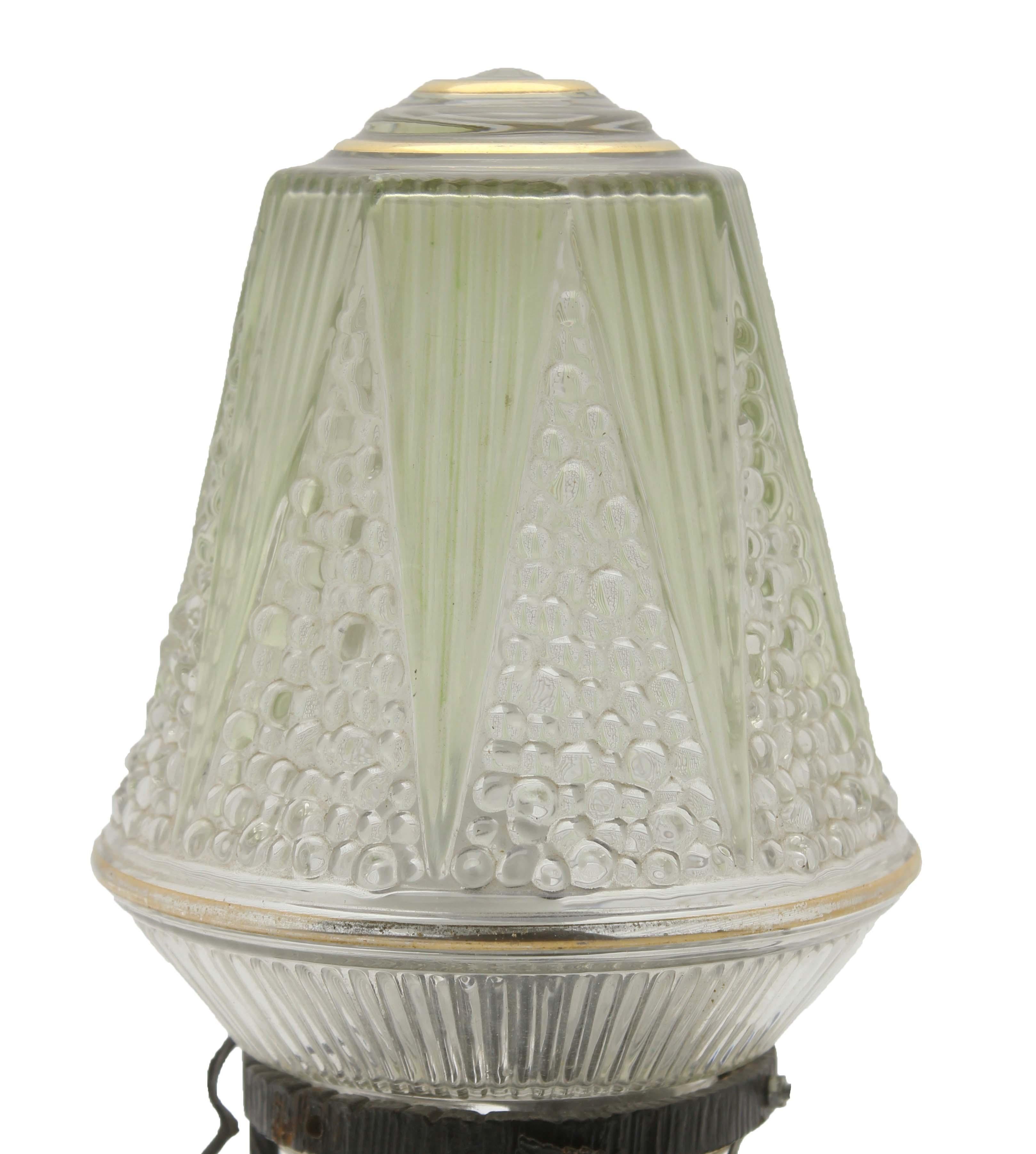 Hand-Crafted French Art Deco Lamp in Wrought Iron with Floral Pattern and Colored Glass Shade