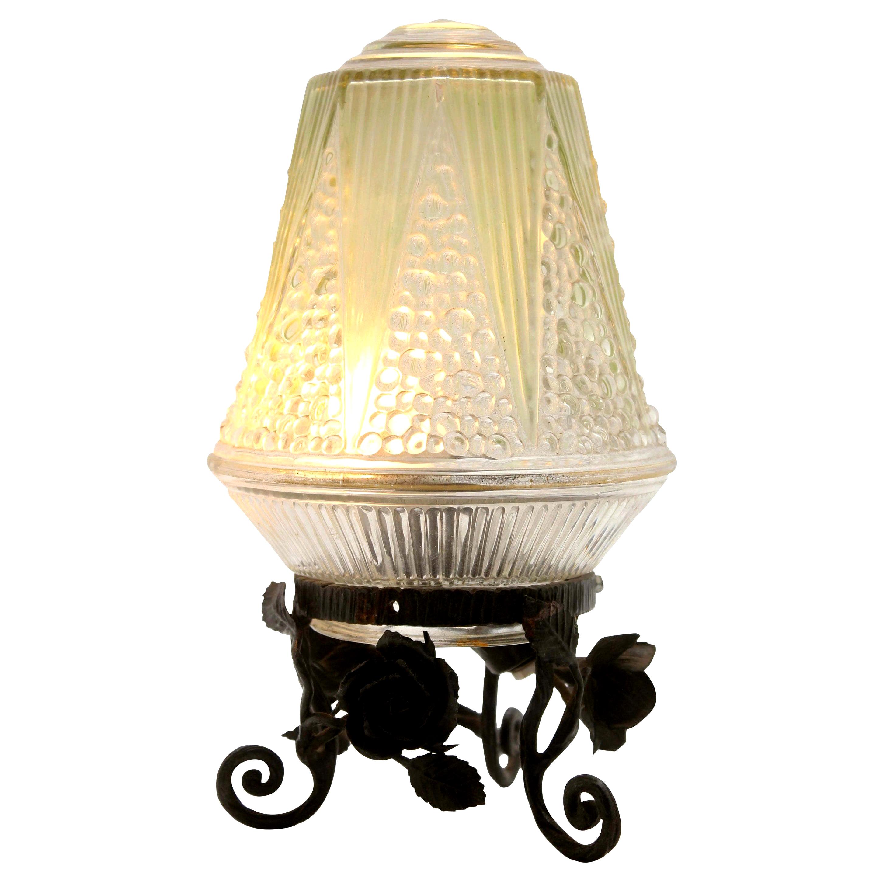 French Art Deco Lamp in Wrought Iron with Floral Pattern and Colored Glass Shade