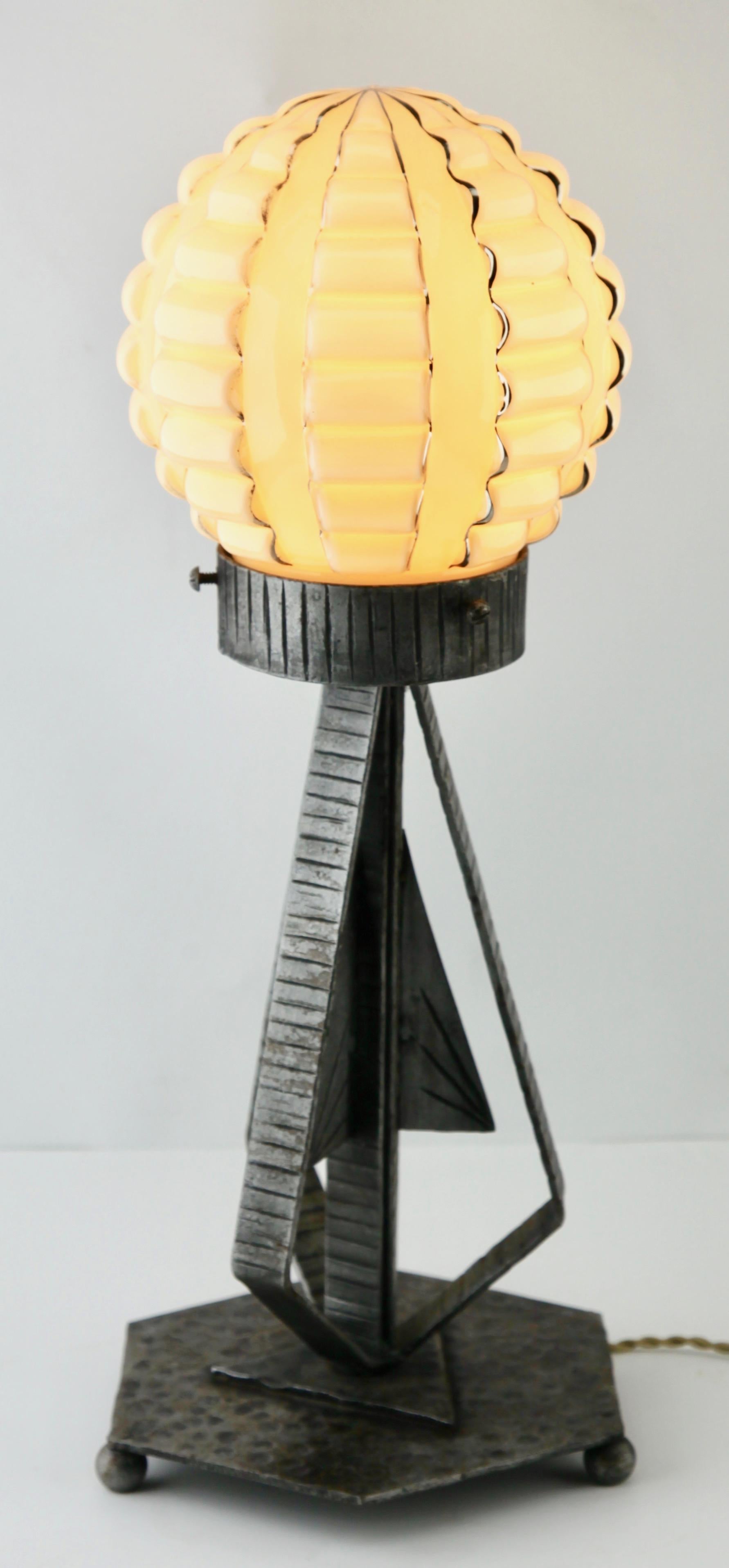 Hand-Crafted French Art Deco Lamp in Wrought Iron with Glass Shade with Golden Highlights
