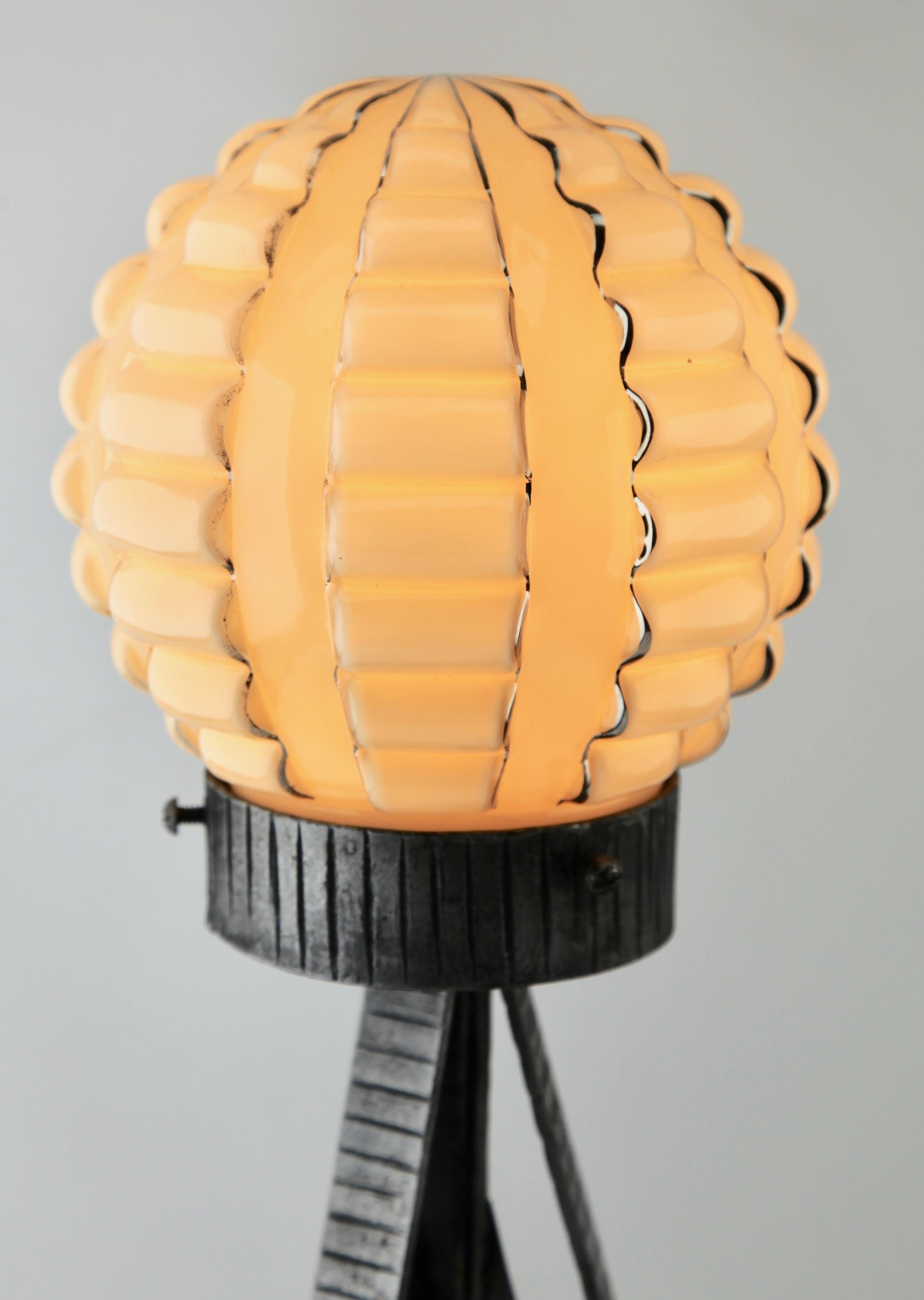 Art Glass French Art Deco Lamp in Wrought Iron with Glass Shade with Golden Highlights