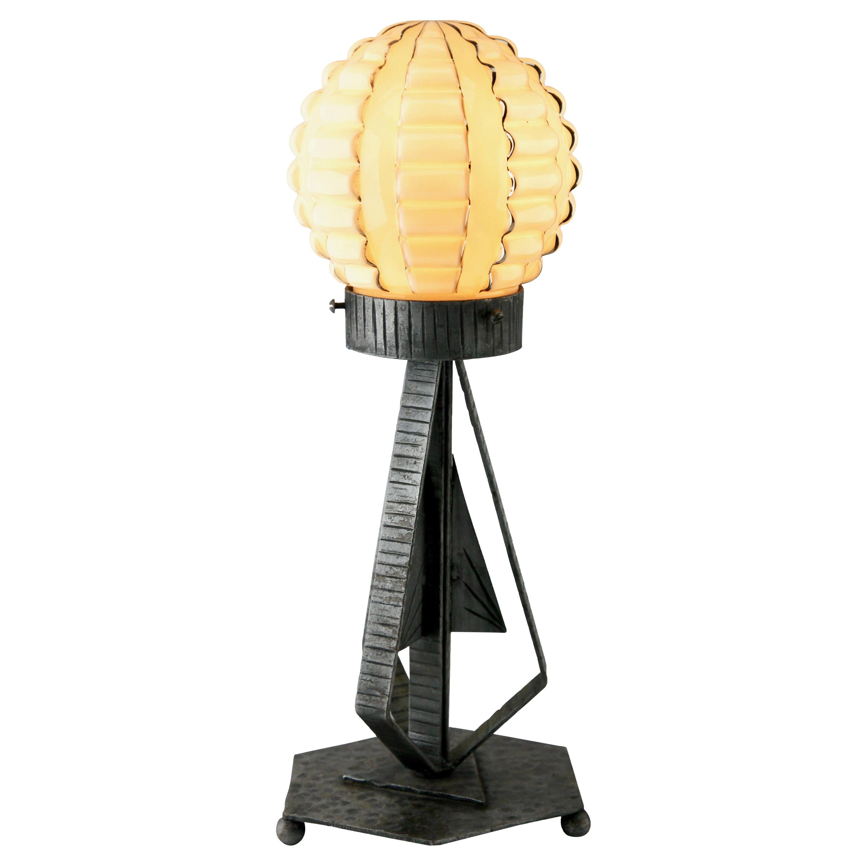 French Art Deco Lamp in Wrought Iron with Glass Shade with Golden Highlights