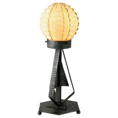 French Art Deco Lamp in Wrought Iron with Glass Shade with Golden Highlights