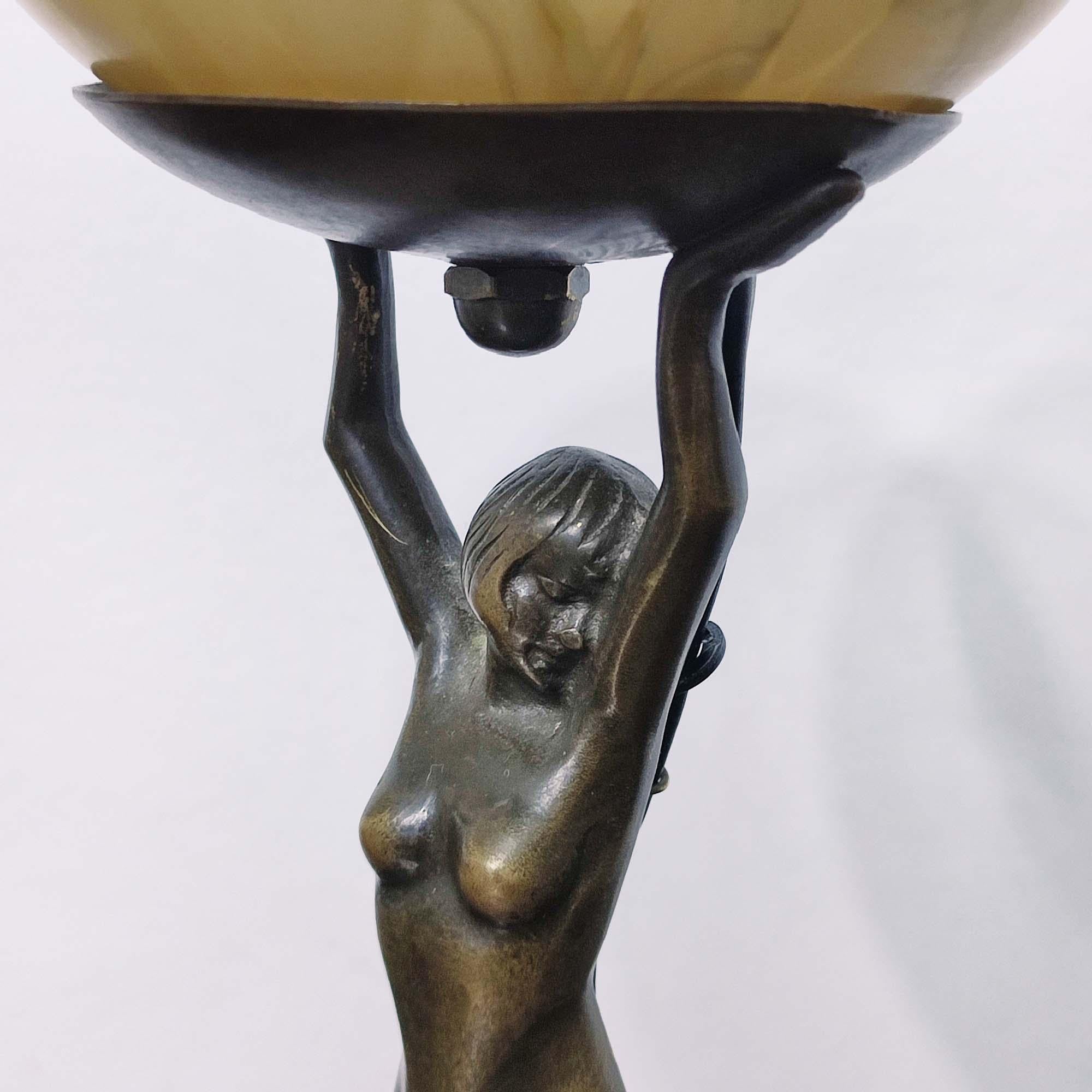 Cast French Art Deco Lamp Lady Holding a Globe