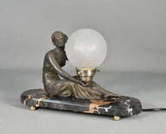 French Art Deco Lamp with Lady and Glass Globe Shade