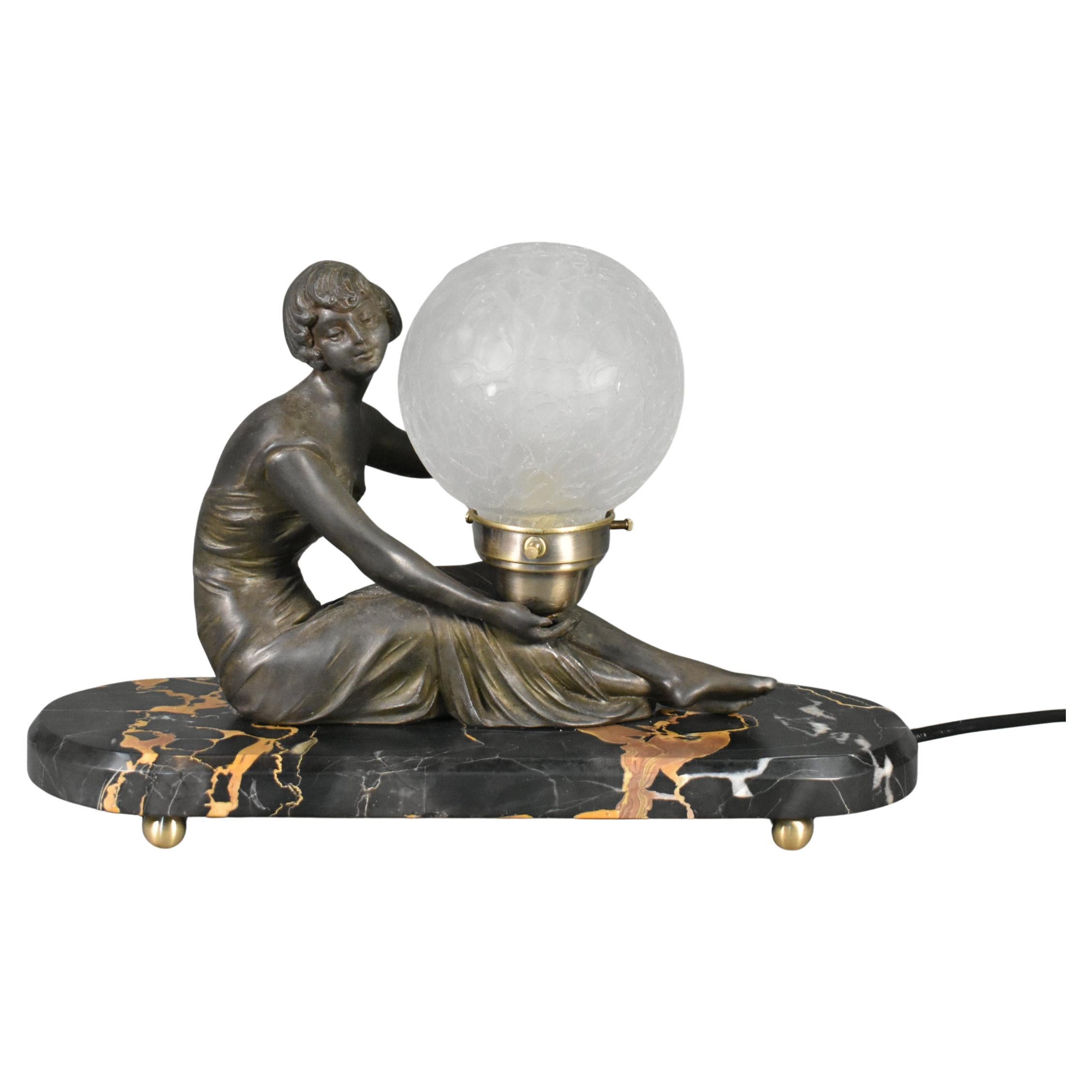 French Art Deco Lamp with Lady and Glass Globe Shade