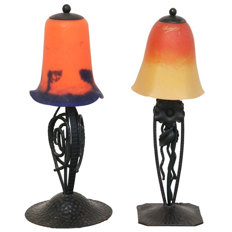French Art Deco Lamps Vintage One Signed Schneider Pair Of For Sale