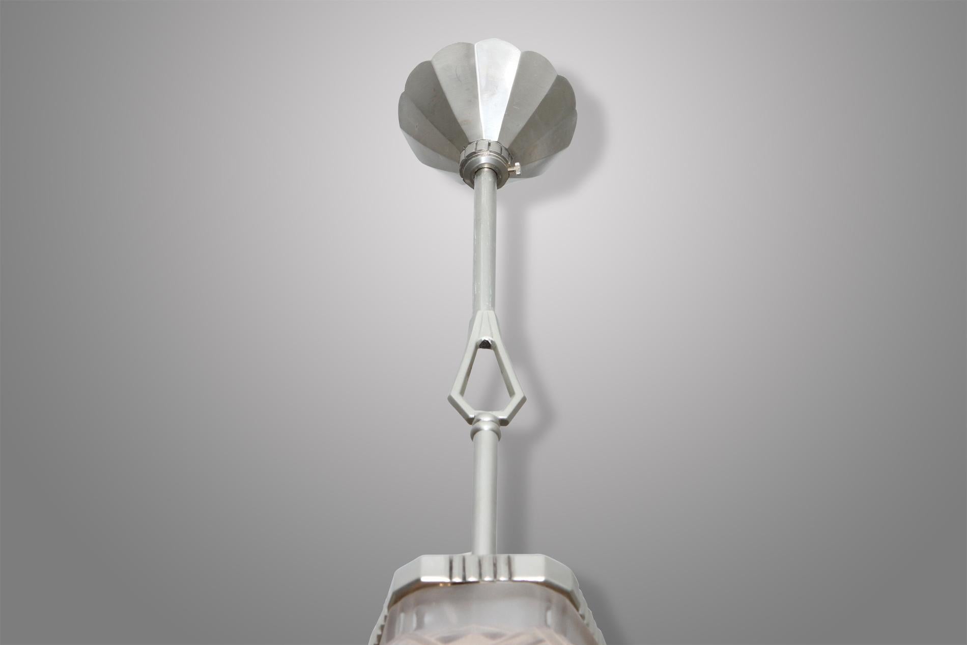 Glass French Art Deco lantern chandelier  by Genet & Michon  For Sale