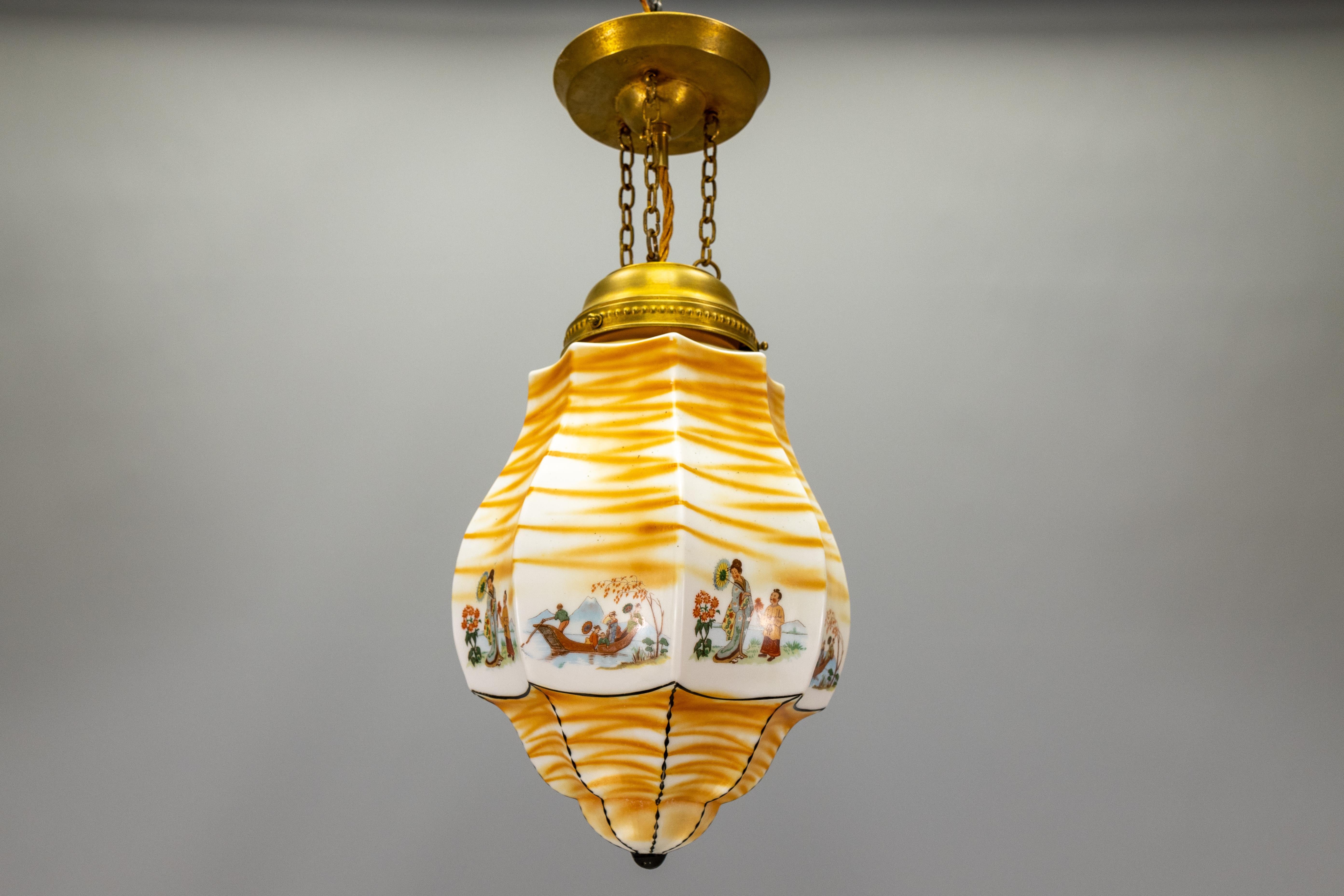 Lampada a sospensione francese Art Déco a forma di lanterna in vetro dipinto e ottone, anni '30 in vendita 5