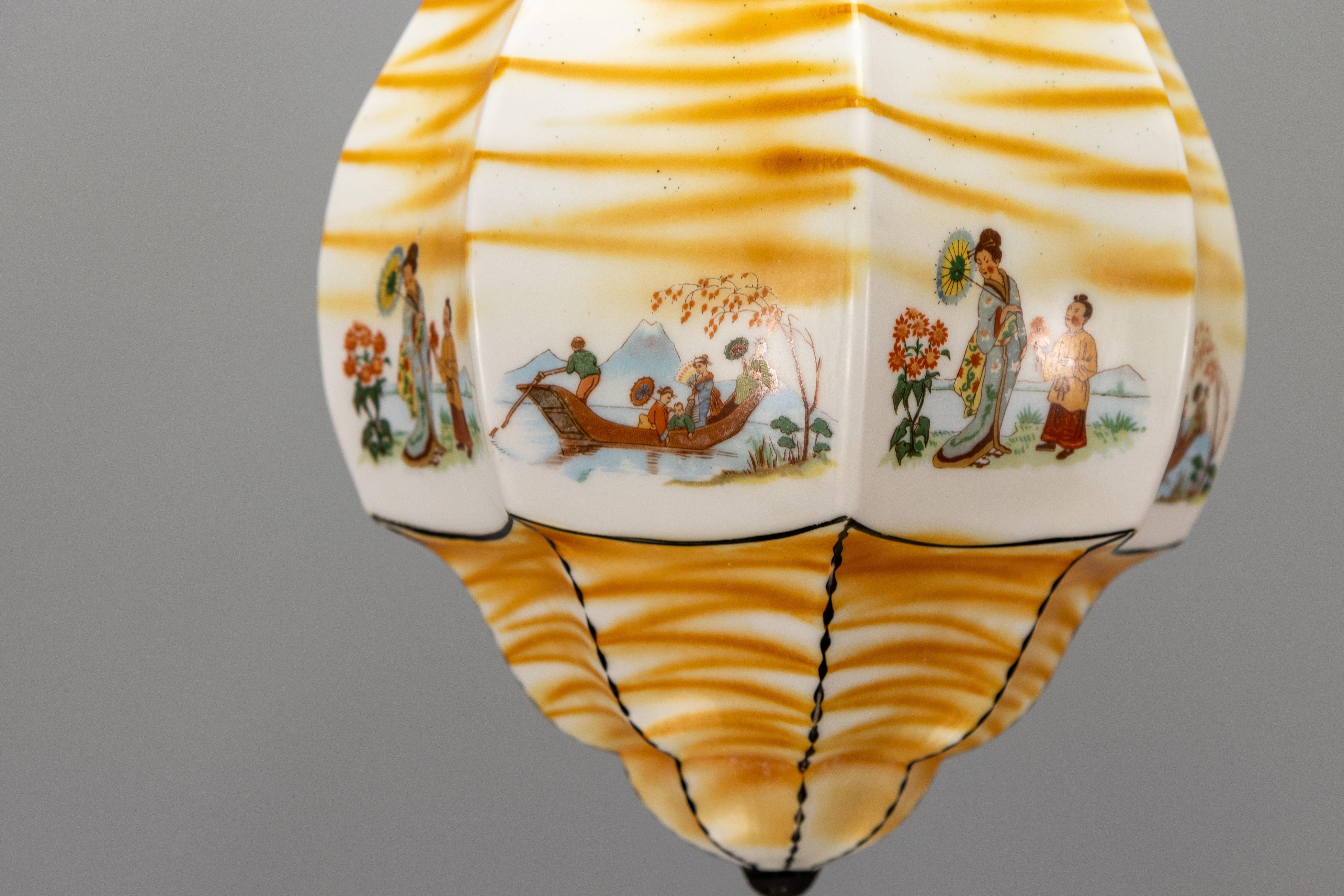 Lampada a sospensione francese Art Déco a forma di lanterna in vetro dipinto e ottone, anni '30 in vendita 6