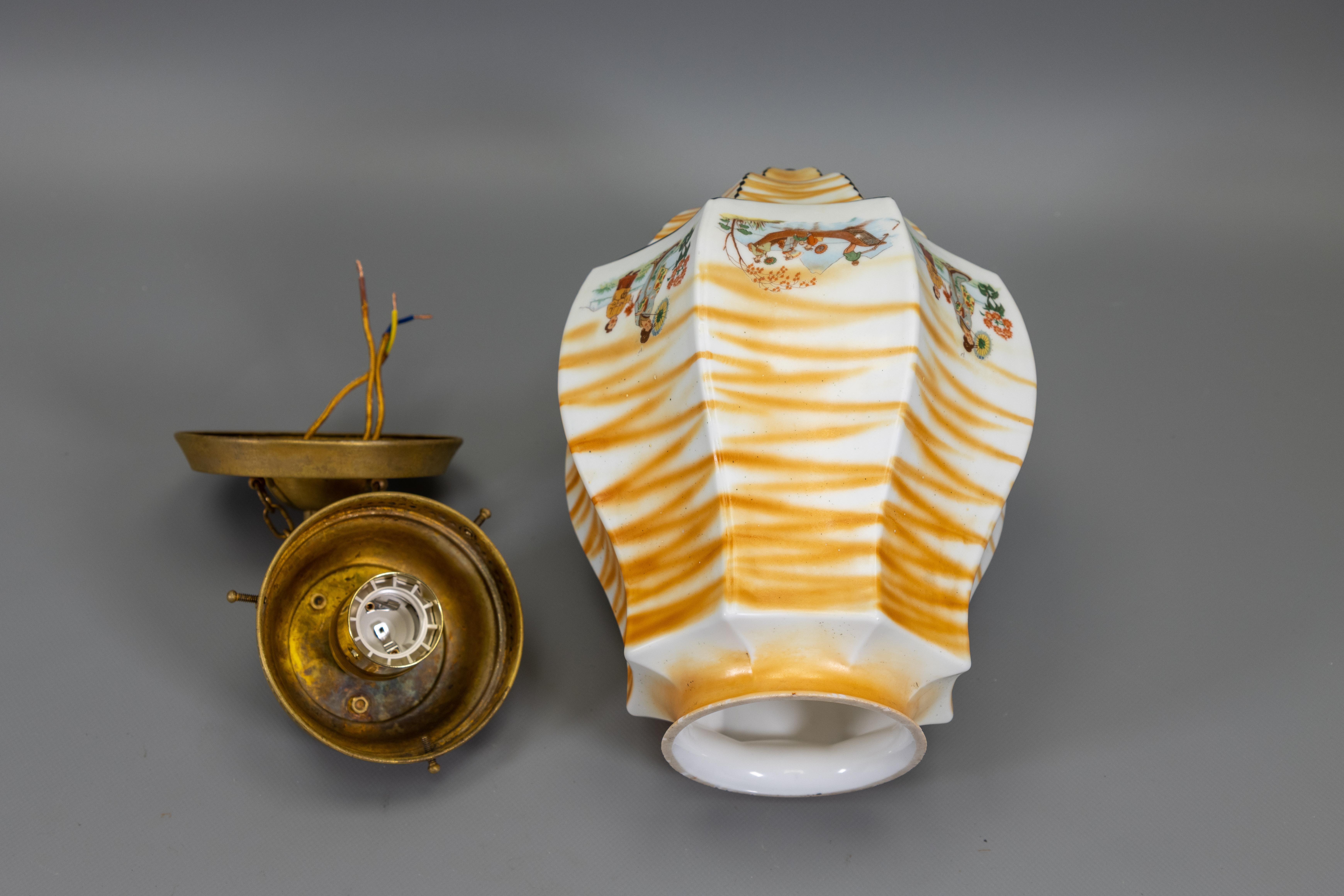 Lampada a sospensione francese Art Déco a forma di lanterna in vetro dipinto e ottone, anni '30 in vendita 13