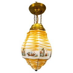 Lampe suspendue en forme de lanterne en verre peint et laiton, Art déco français, années 1930